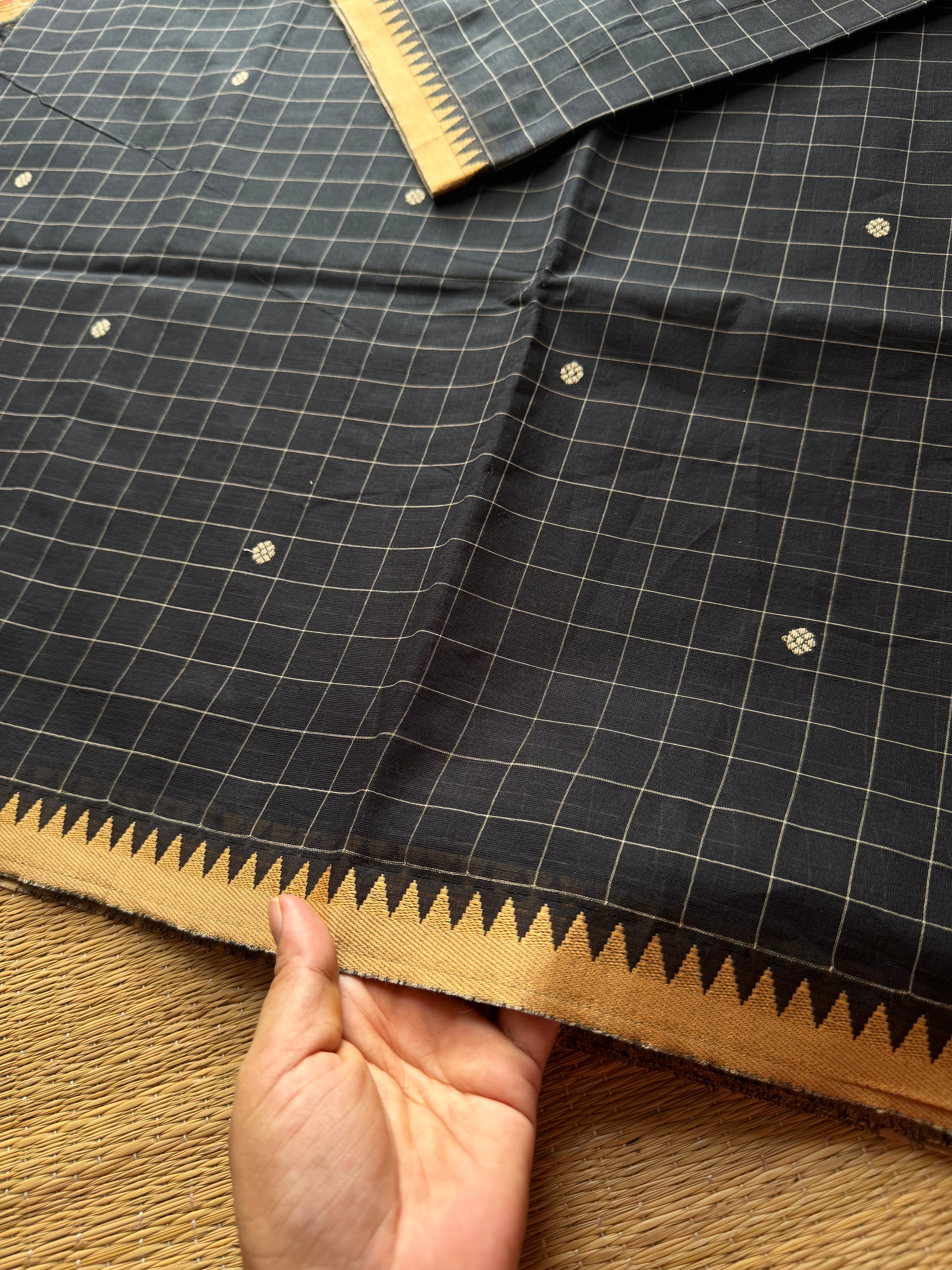 Black minimal edits ~ Premium & Soft Kanchi cotton saree with checks / Kattam pattern & handmade thread buttas