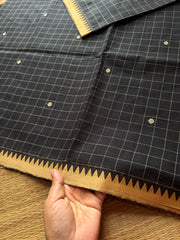 Black minimal edits ~ Premium & Soft Kanchi cotton saree with checks / Kattam pattern & handmade thread buttas