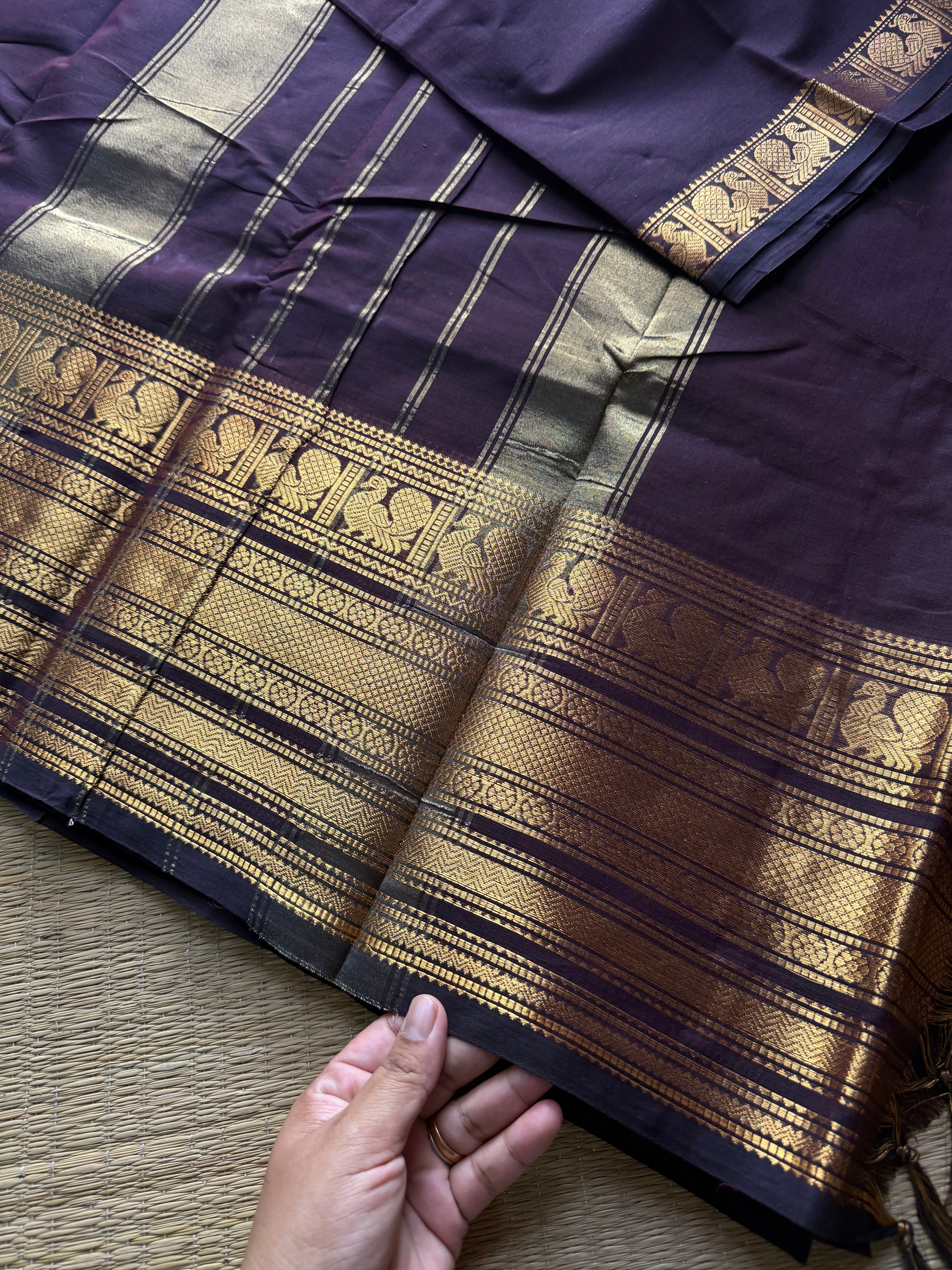 RF714 Silk saree inspired monotone deep coffee brown shade Kanchi cotton saree with Varisaipet golden Zari big / long border