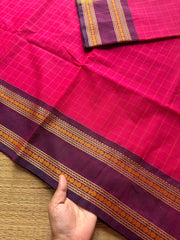 RF461 Rani Pink shade Soft Kanchi cotton Kattam / checks pattern saree with contrast purple combination thread border