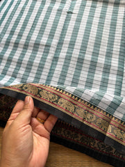 Dual tone pista green shade Mercerised Narayanpet cotton saree with small border & Kattam / Checks pattern saree