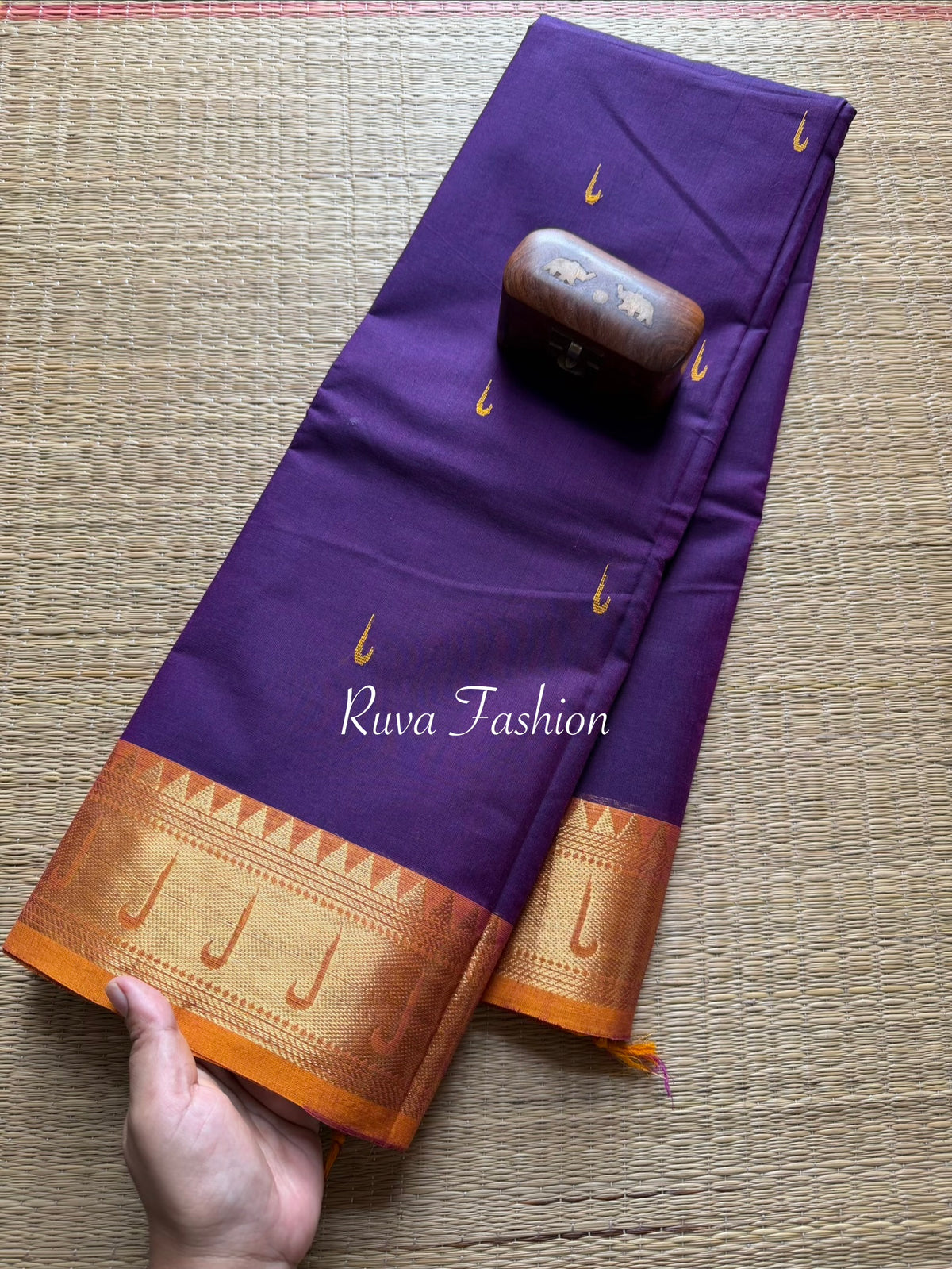 RF48 Purple with orange shade paithani border Kanchi cotton saree with handmade thread buttas