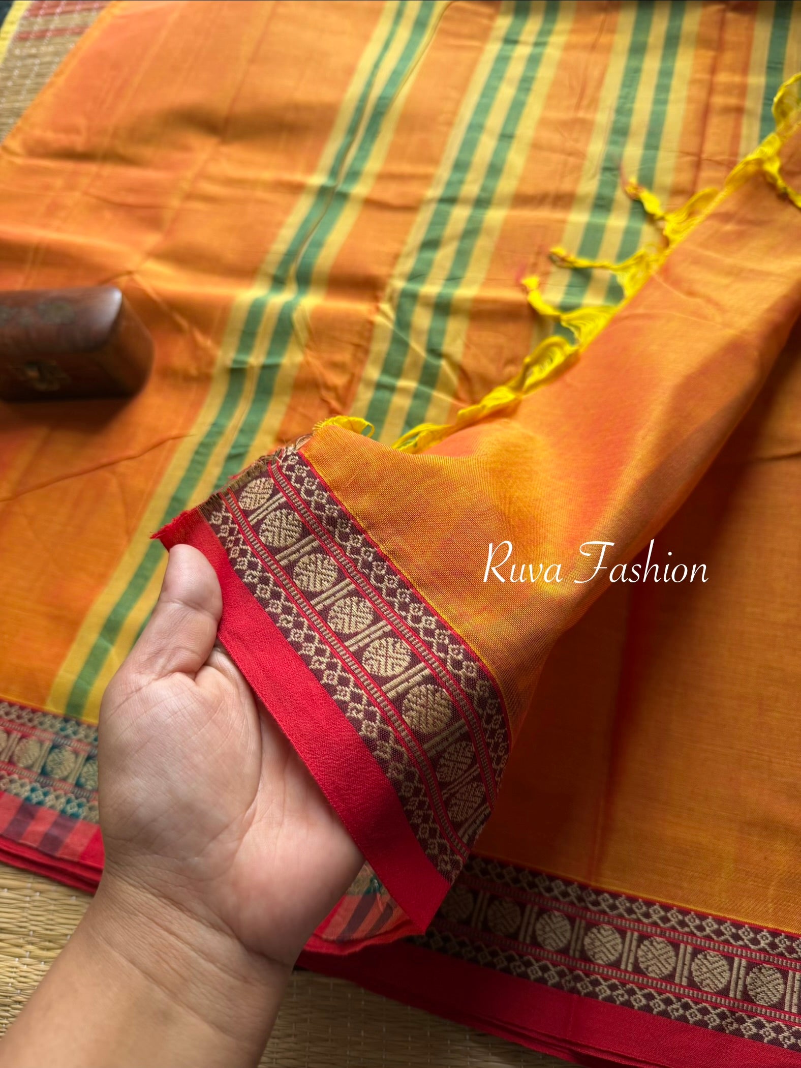 RF100 orange Shade Mercerised Narayanpet cotton saree with contrast small Border