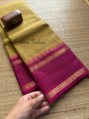 RF56 Dual tone mustard yellow shade   with contrast magenta pink vintage border Podi Kattam Kanchi cotton saree