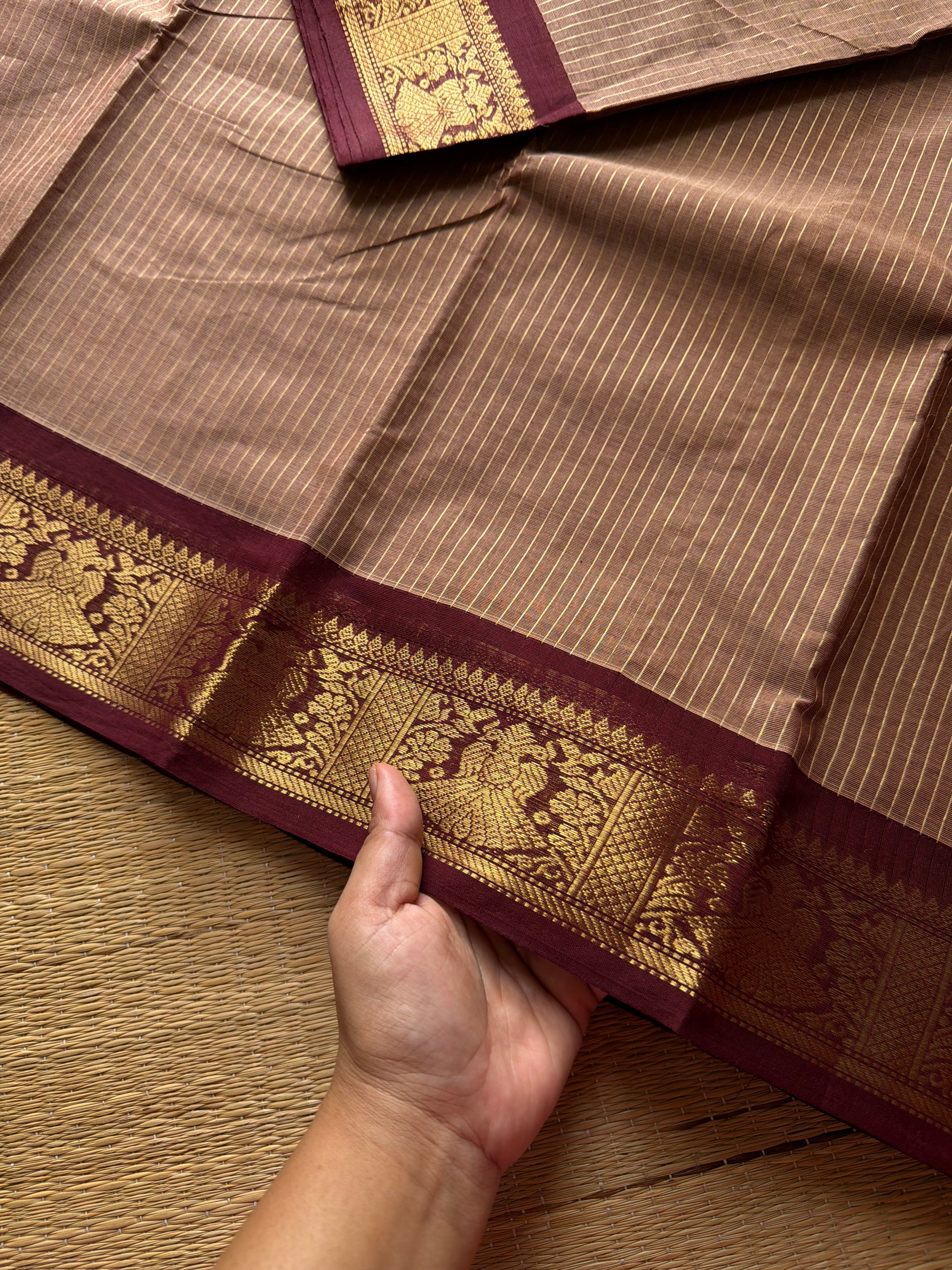 RF501 Biscuit shade with coffee brown combination Vairaoosi pattern Kanchi cotton saree