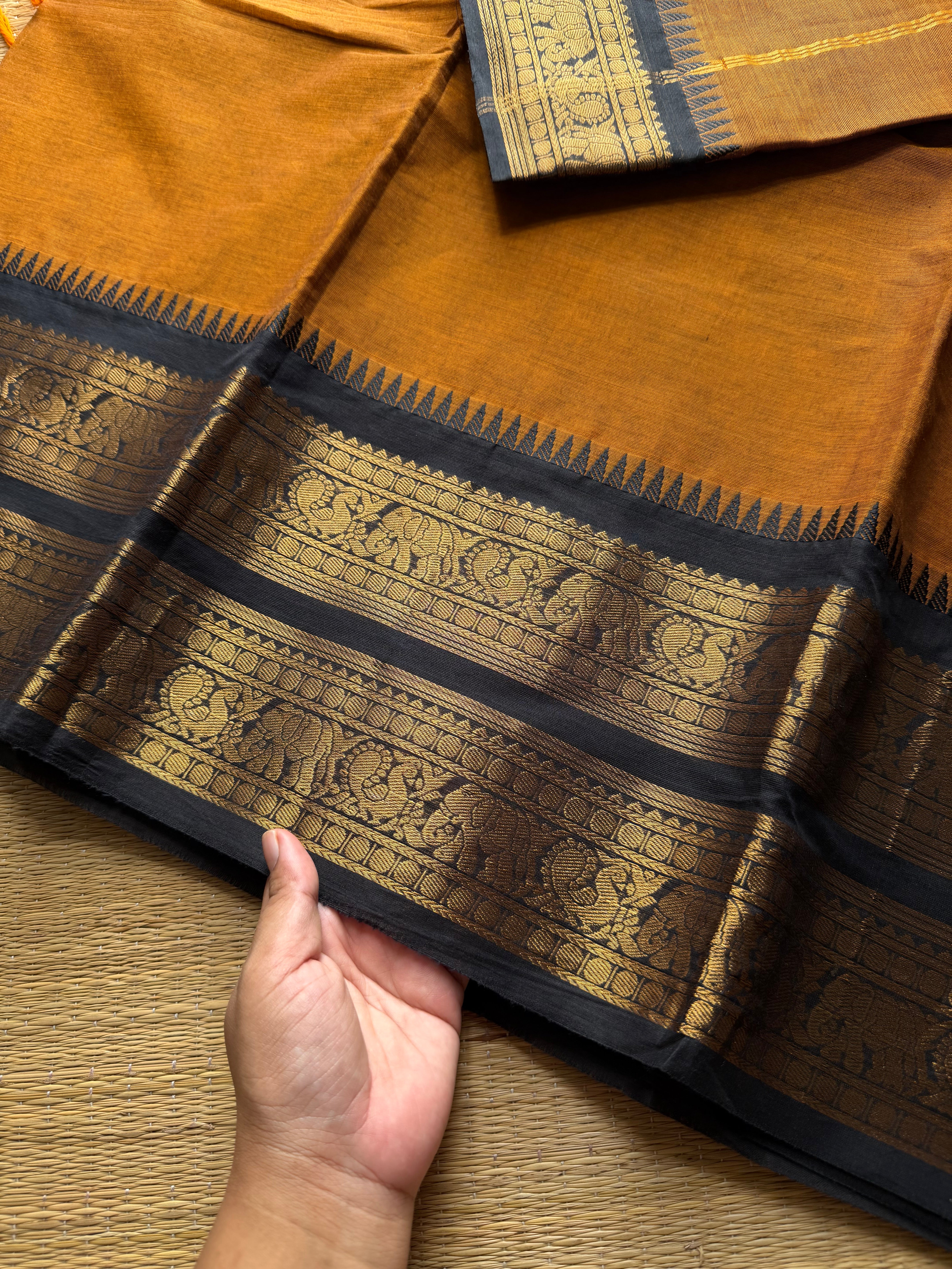 RF840 Mustard with black Kanchi cotton saree with Rettapet border