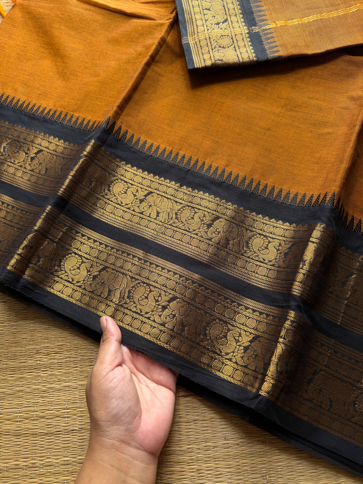 RF840 Mustard with black Kanchi cotton saree with Rettapet border