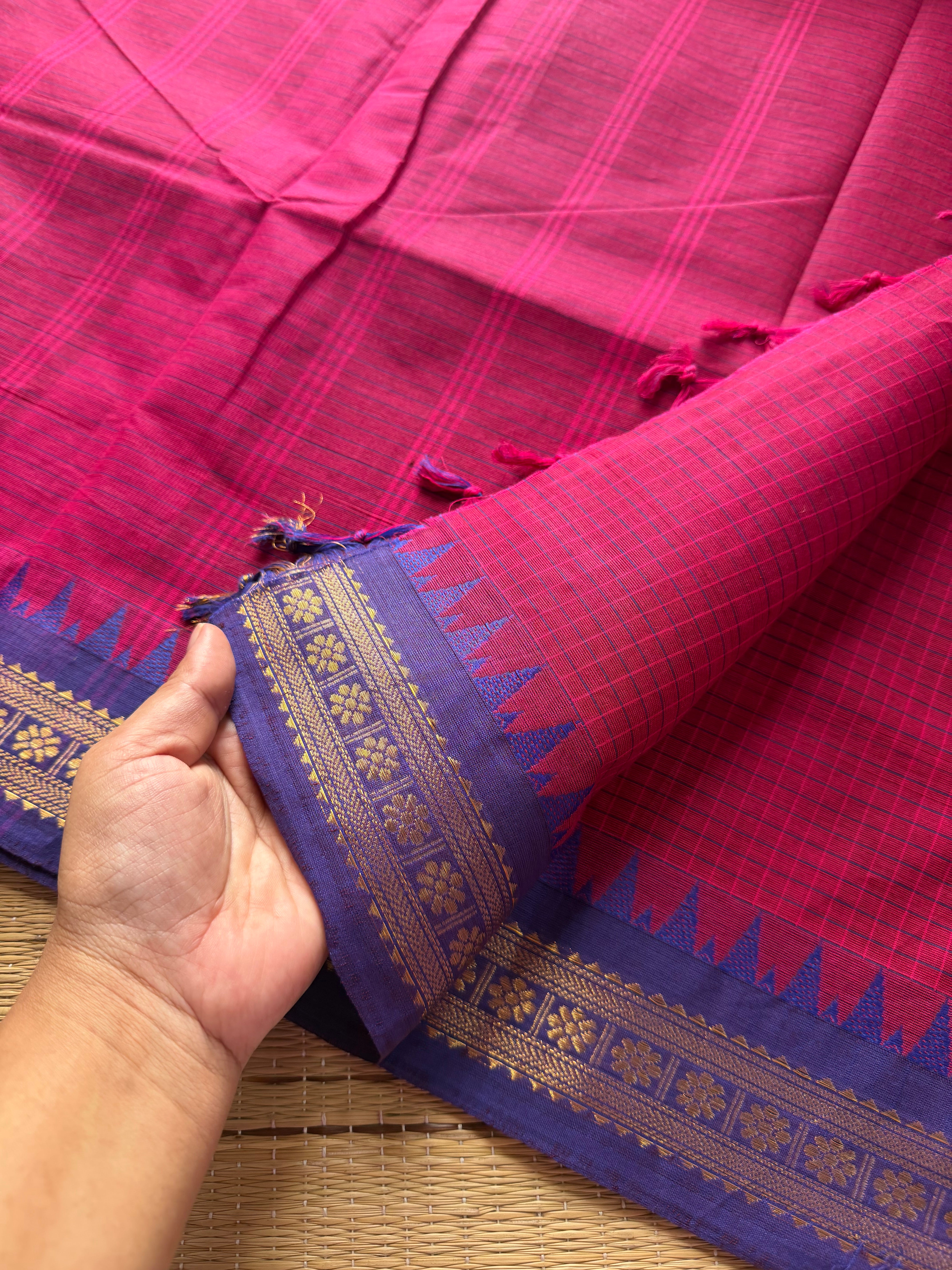 RF263 Magenta pink with Royal blue  combination Podi Kattam Kanchi cotton saree with small border