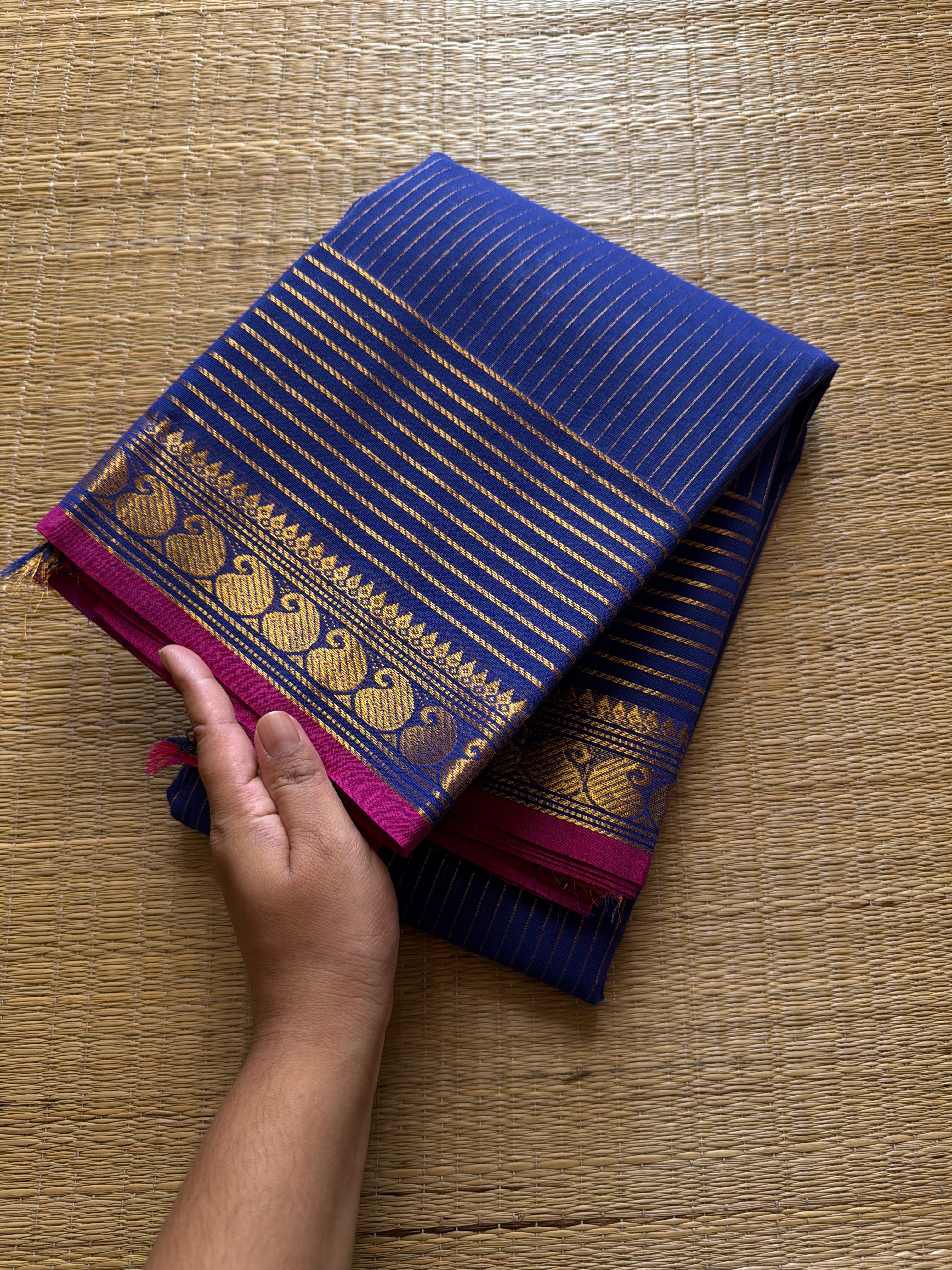 RF355 Royal Blue Shade Vaira Oosi Kanchi Cotton Saree With Small Contrast Mango Border
