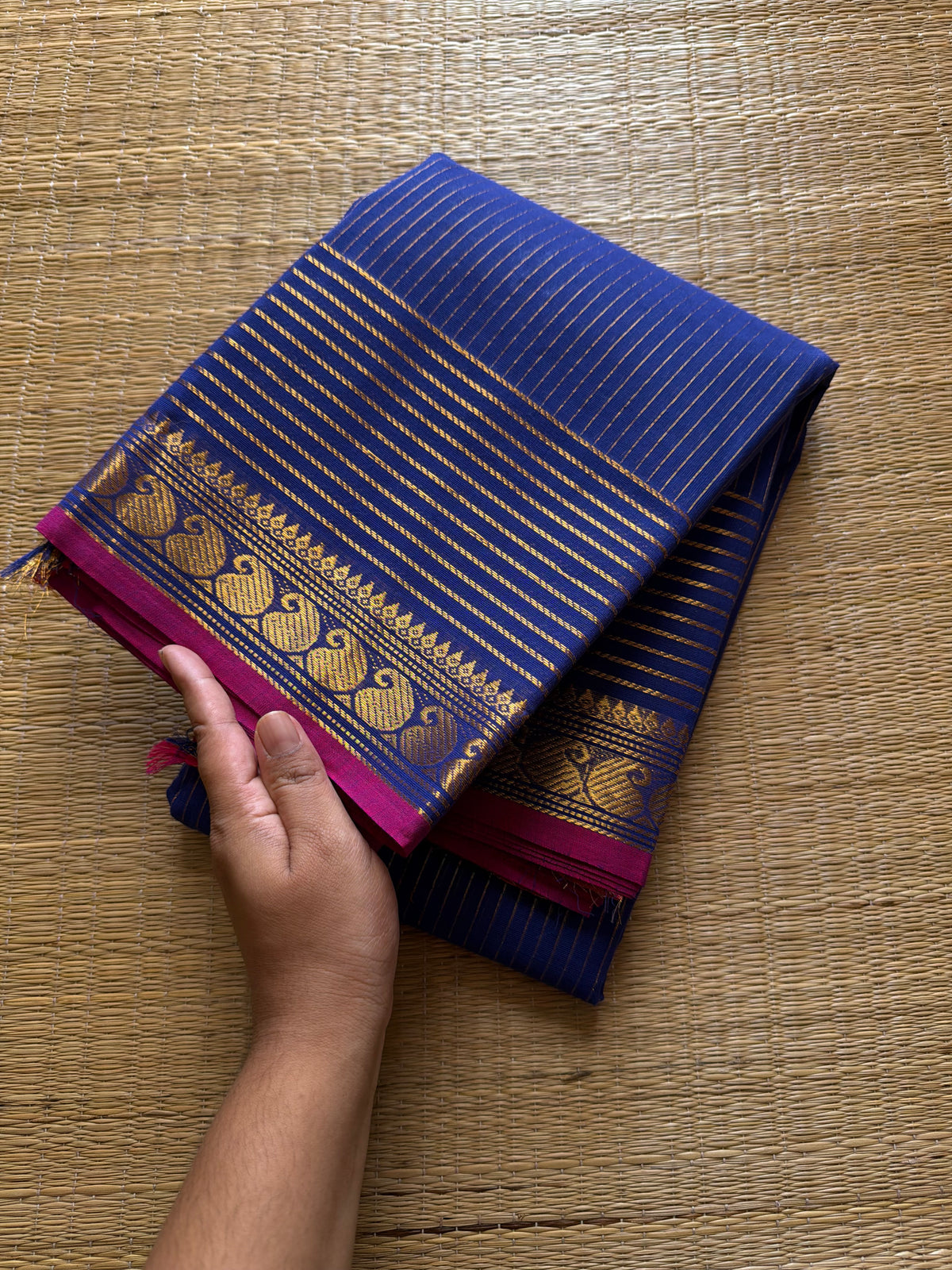 RF355 Royal Blue Shade Vaira Oosi Kanchi Cotton Saree With Small Contrast Mango Border
