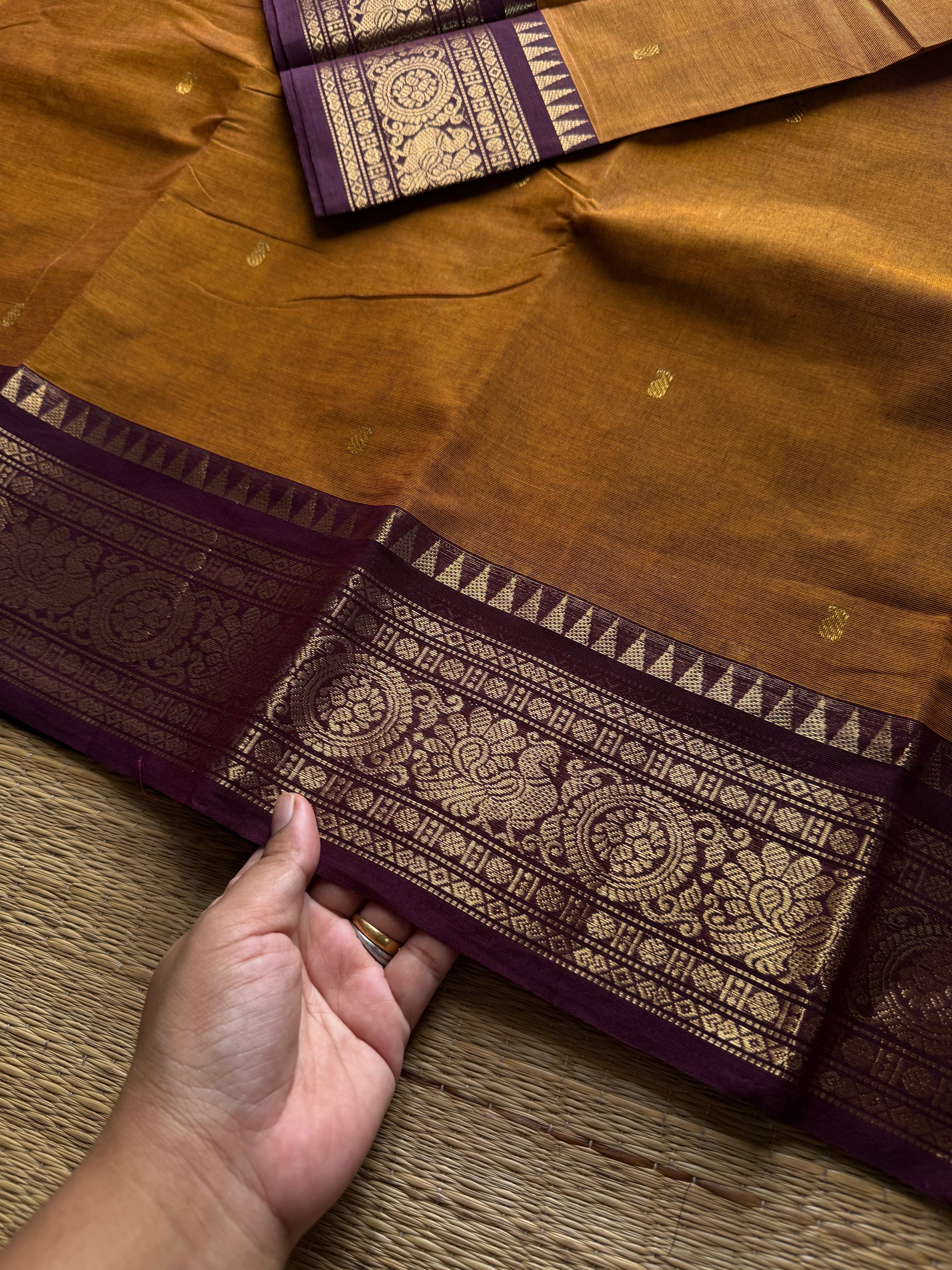 RF1350 Mustard with brown Kanchi cotton saree with handmade thread buttas