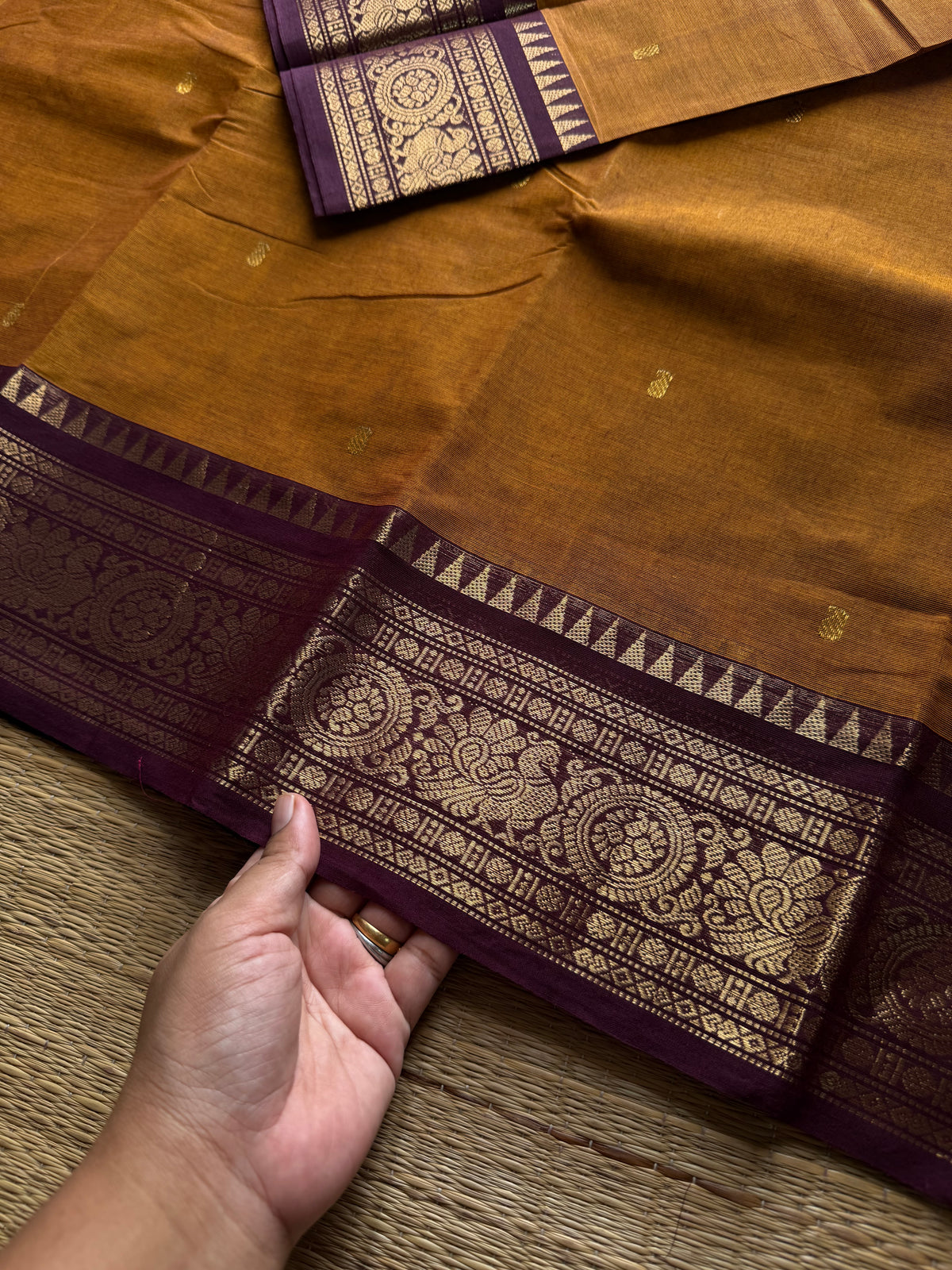 RF1350 Mustard with brown Kanchi cotton saree with handmade thread buttas