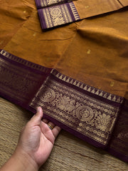 RF1350 Mustard with brown Kanchi cotton saree with handmade thread buttas