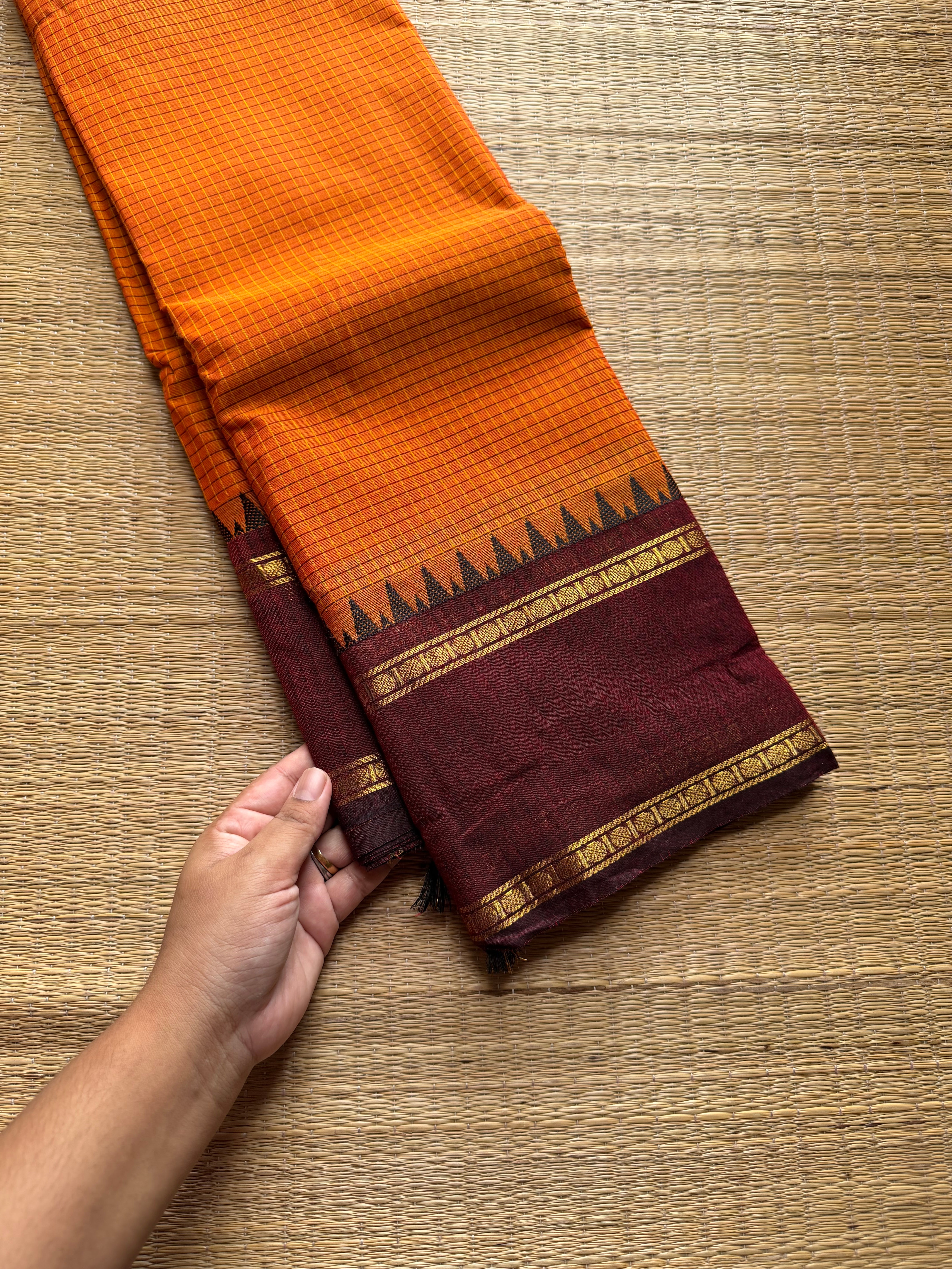 RF806 Vintage edition ~ Orange with maroon Kanchi cotton saree with podi kattam / small checks pattern