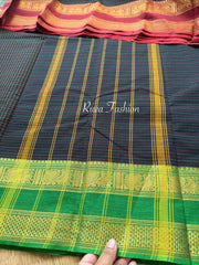 RF136 Checks Pattern / Kattam Black shade Kanchi Cotton Saree With Ganga Jamuna Border