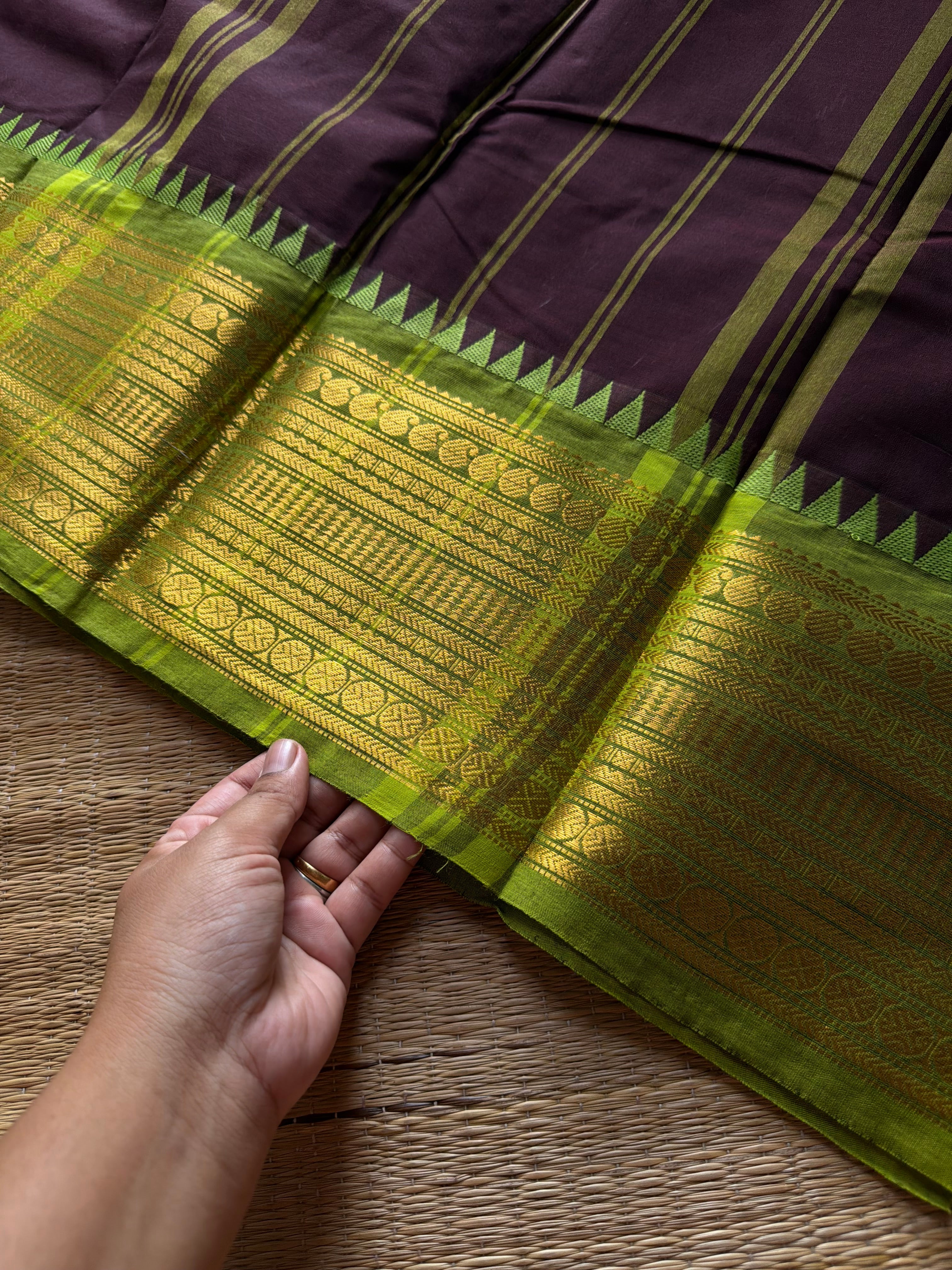 RF1372 Brown with green ~ Silk saree inspired Kanchi cotton saree
