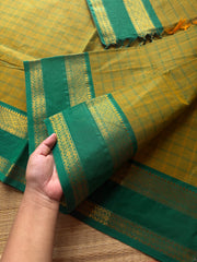 Methi Green shade checks / kattam pattern Kanchi Cotton Saree