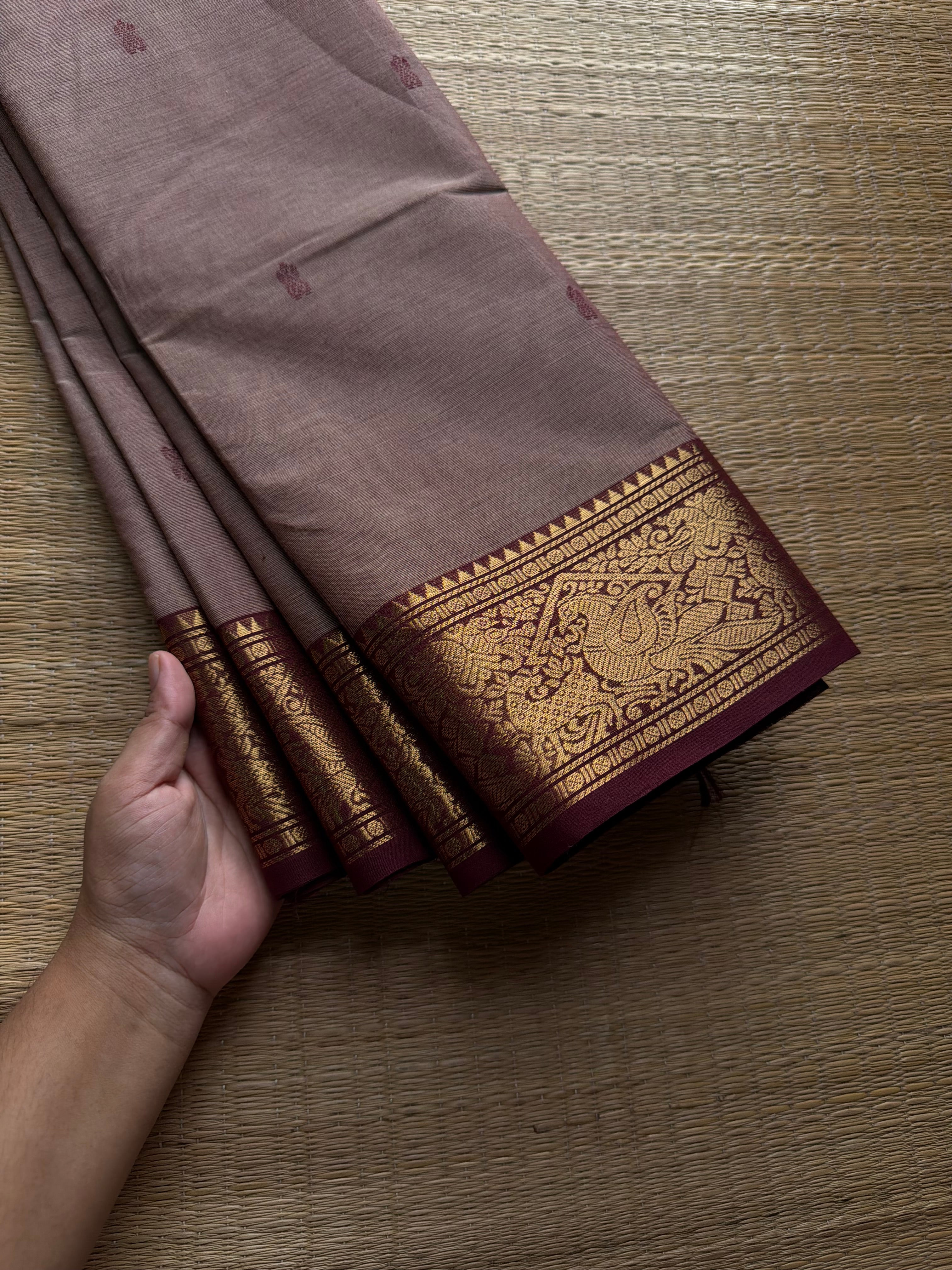 RF799 Biscuit with brown combination Kanchi cotton saree with Vanasingaram border & handmade thread buttas