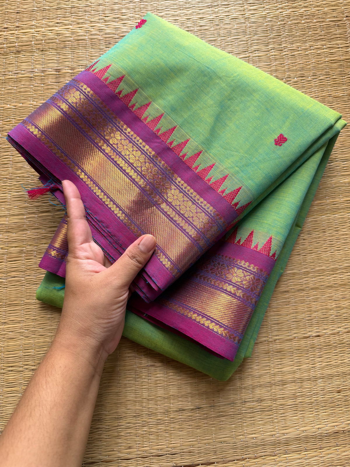 RF382 Dual tone Apple green with contrast purple combination small border Kanchi cotton saree with handmade thread buttas