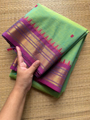 RF382 Dual tone Apple green with contrast purple combination small border Kanchi cotton saree with handmade thread buttas