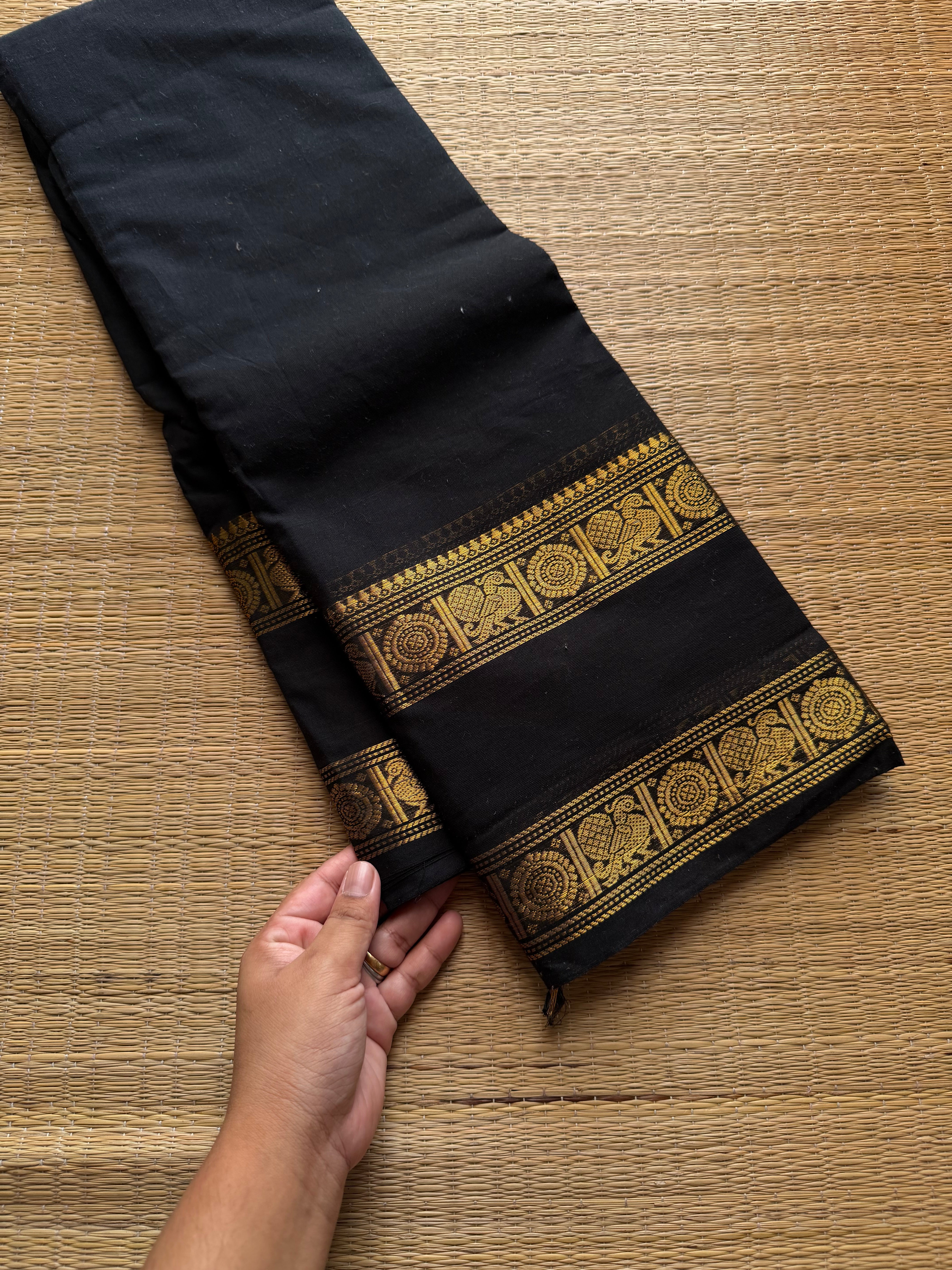 RF717 Monotone black Kanchi cotton saree with Annam pattern gap border