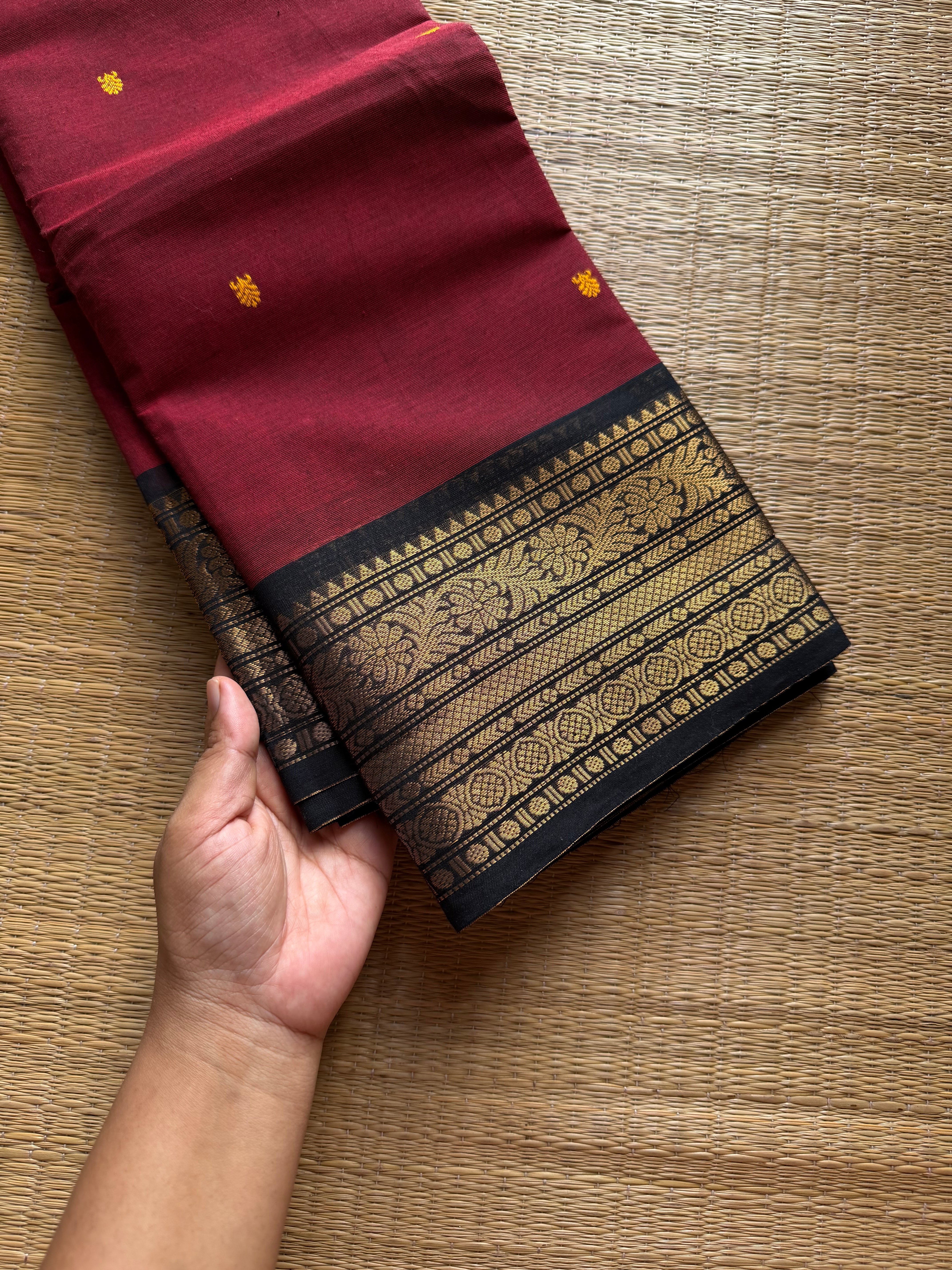 RF1072 Maroon with black Kanchi cotton saree with handmade thread buttas