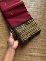 RF1072 Maroon with black Kanchi cotton saree with handmade thread buttas