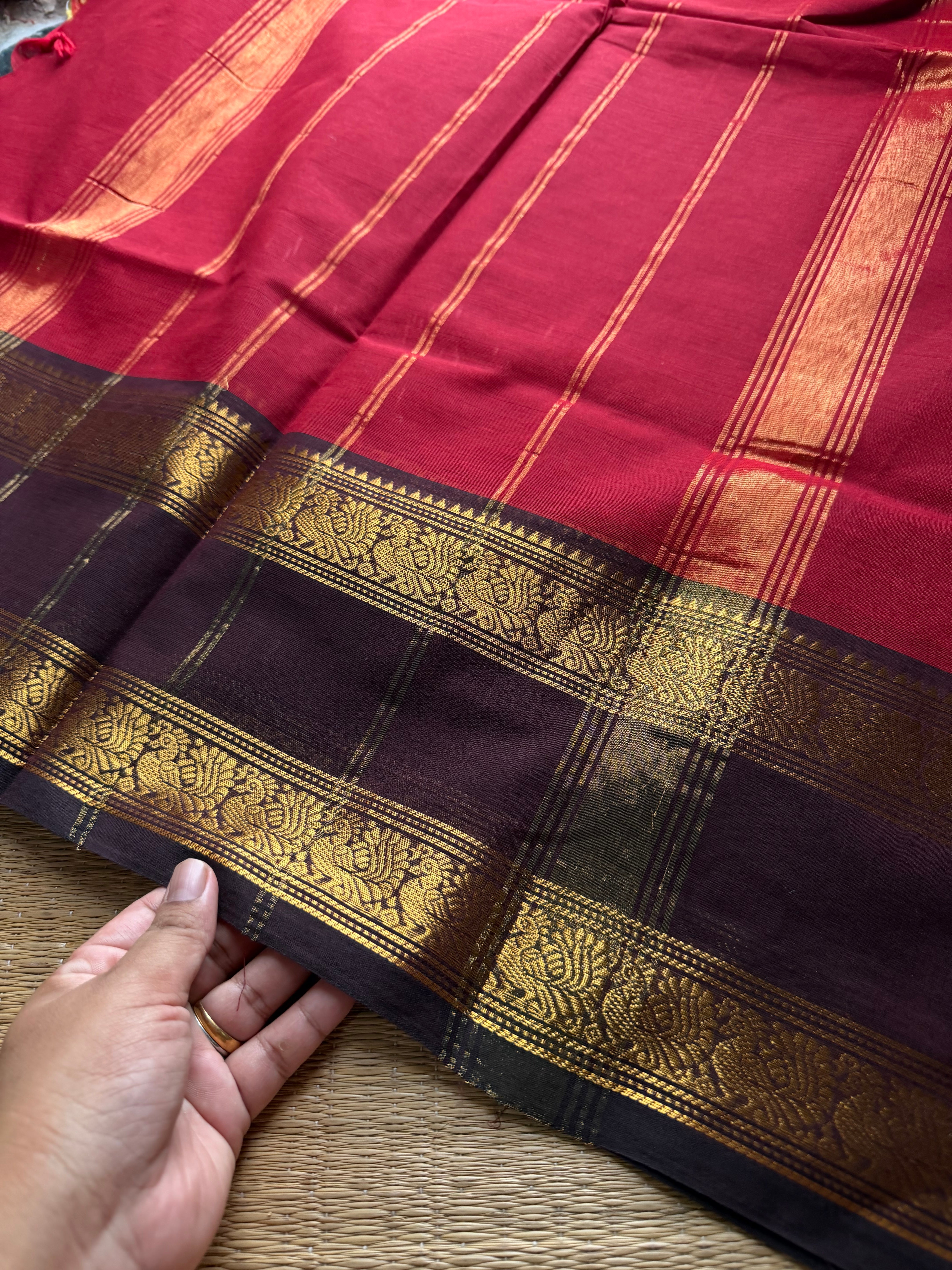 RF805 Reddish maroon with brown combination gap border Kanchi cotton saree