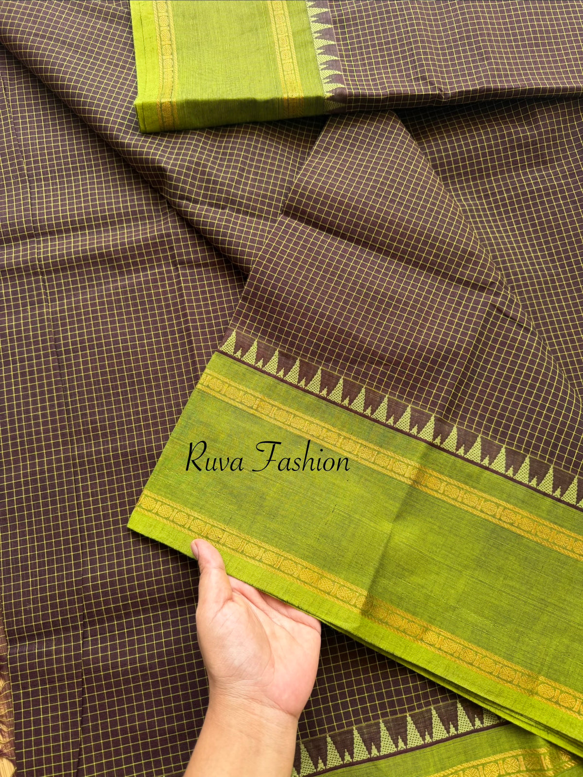 RF127 Brown with Green Combination Vintage Podi Kattam Kanchi Cotton Saree