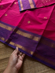 RF1378 Premium 120 count Rich Pallu Kanchi cotton saree with traditional gap border & yazhi pattern buttas ~ Dark Pink