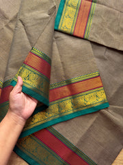RF473 Grey Kanchi cotton saree with horizontal small stripped pattern and unique multi color peacock pattern Zari border