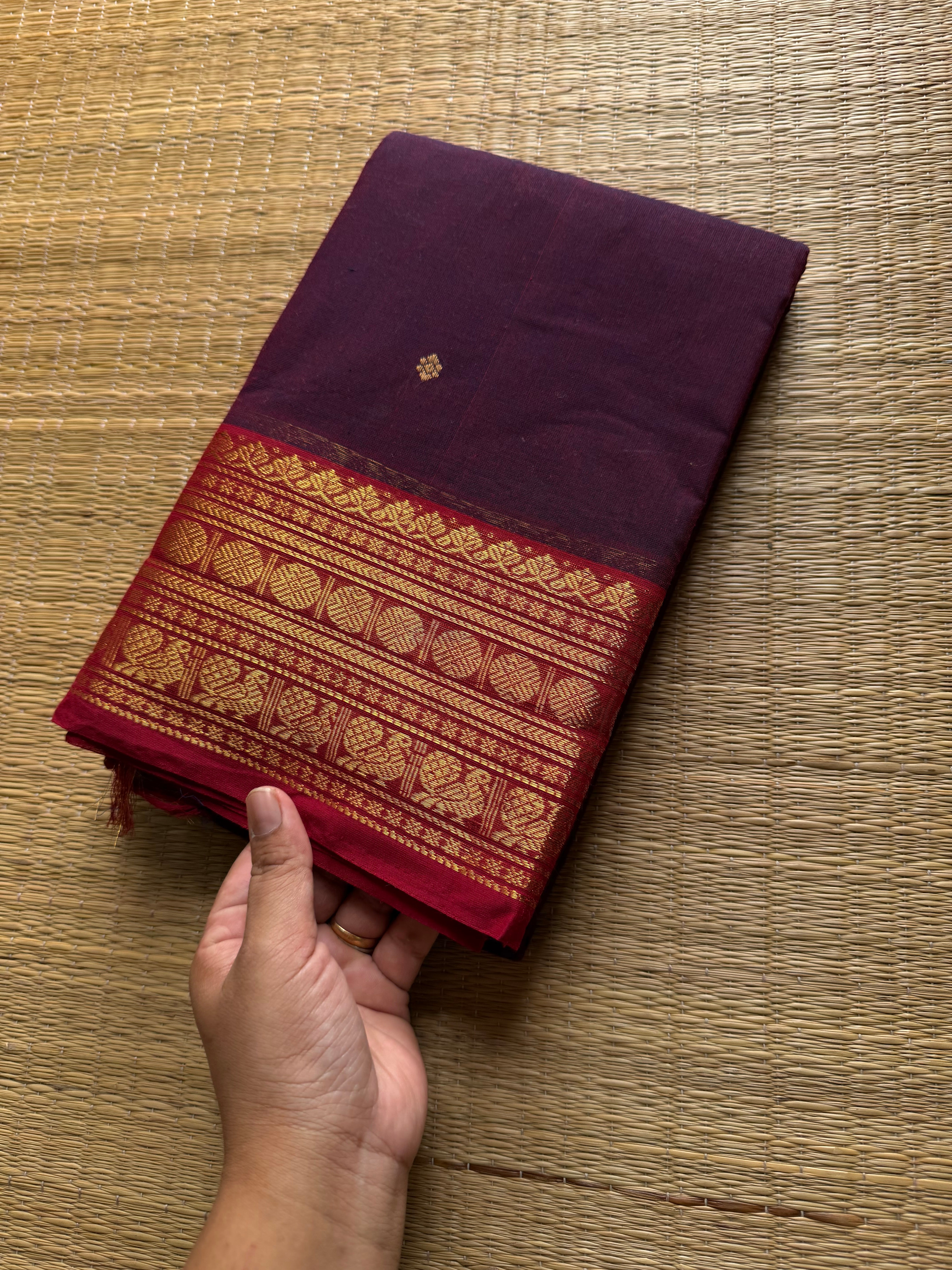 RF546 Dual tone purple shade Kanchi cotton saree with handmade thread buttas