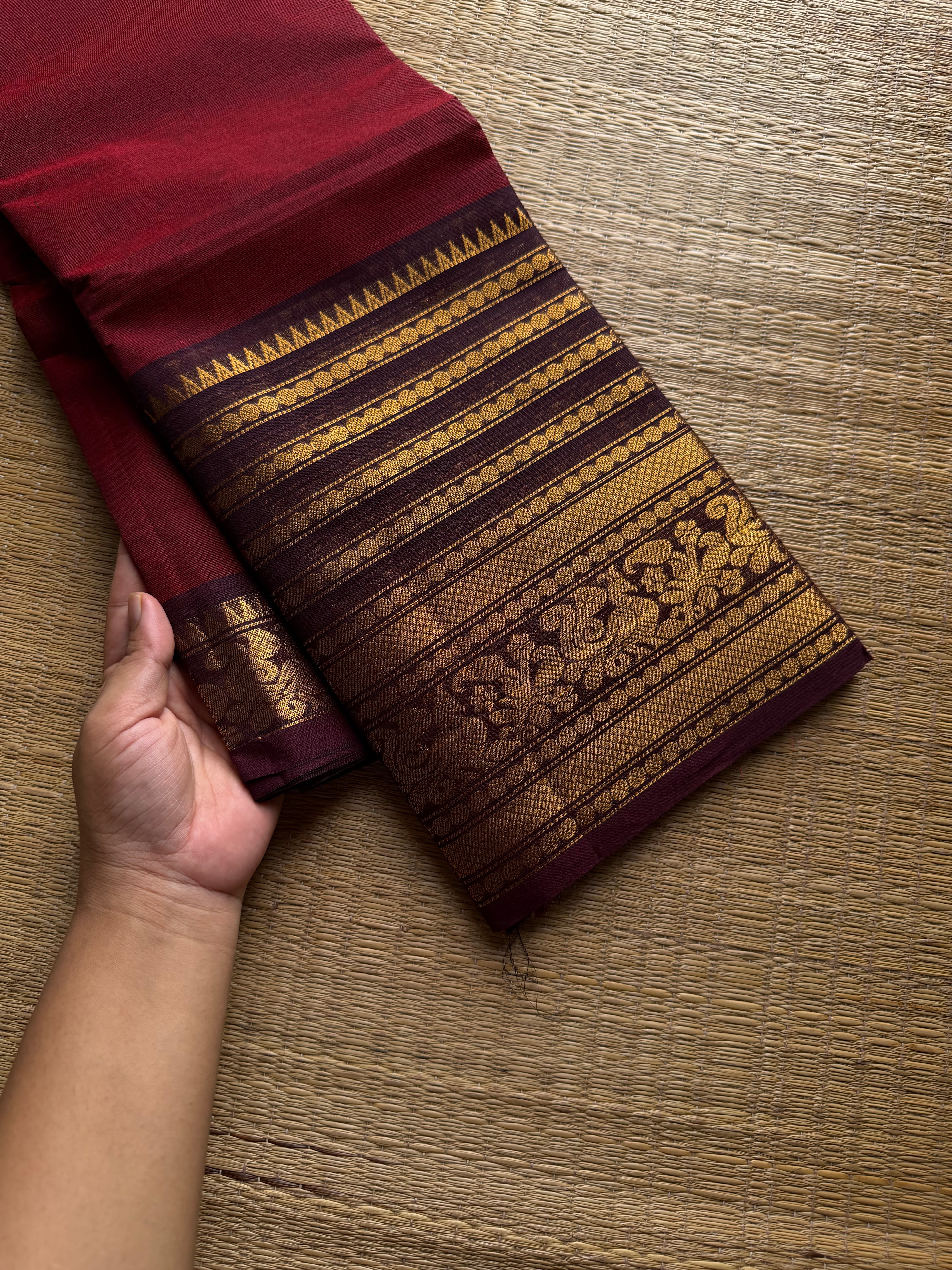 RF1038 Reddish maroon with brown ~ Silk Saree Inspired Varisaipet big / long border Kanchi cotton saree