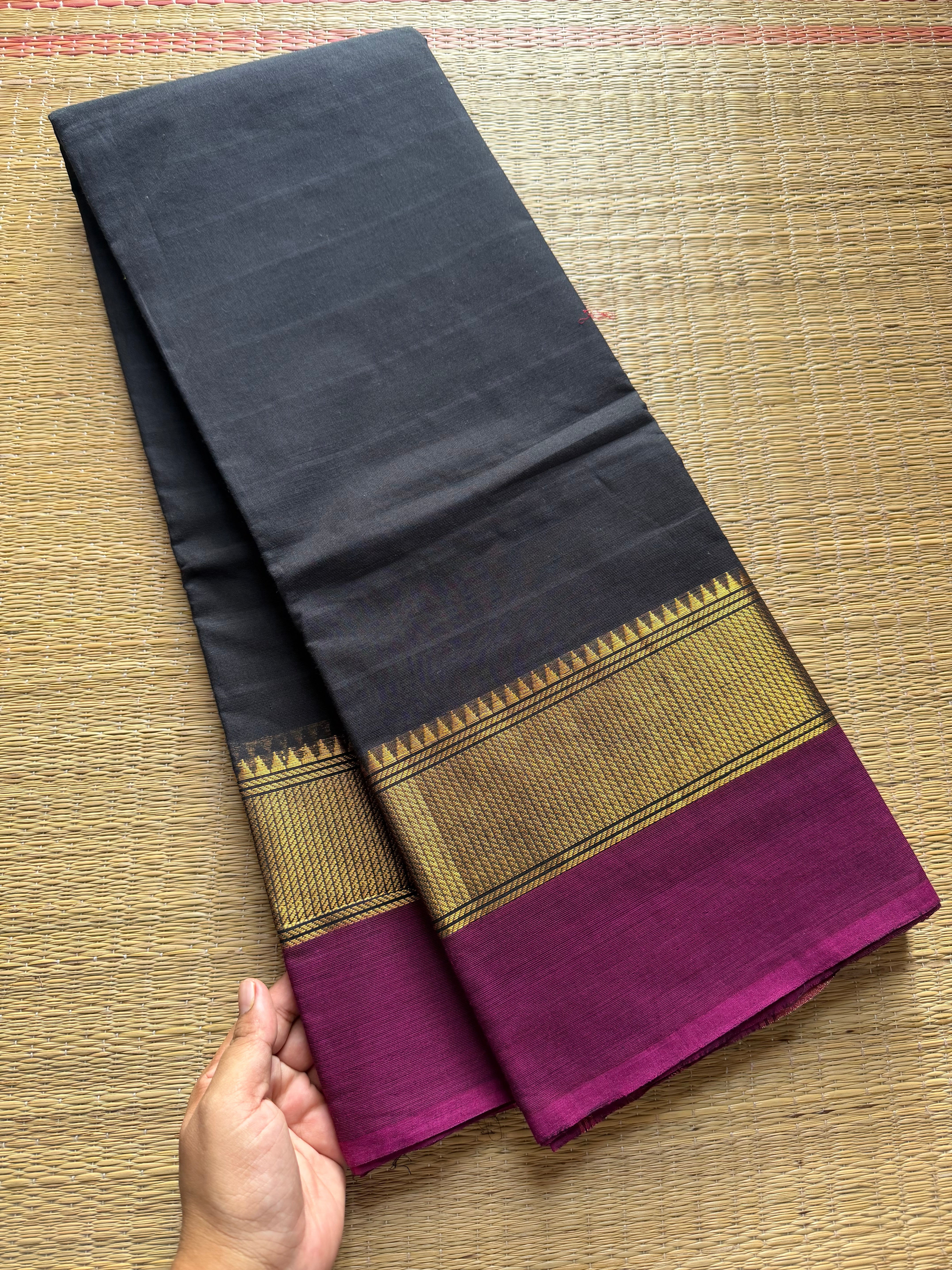 RF279 Black Kanchi Cotton saree with contrast magenta pink border