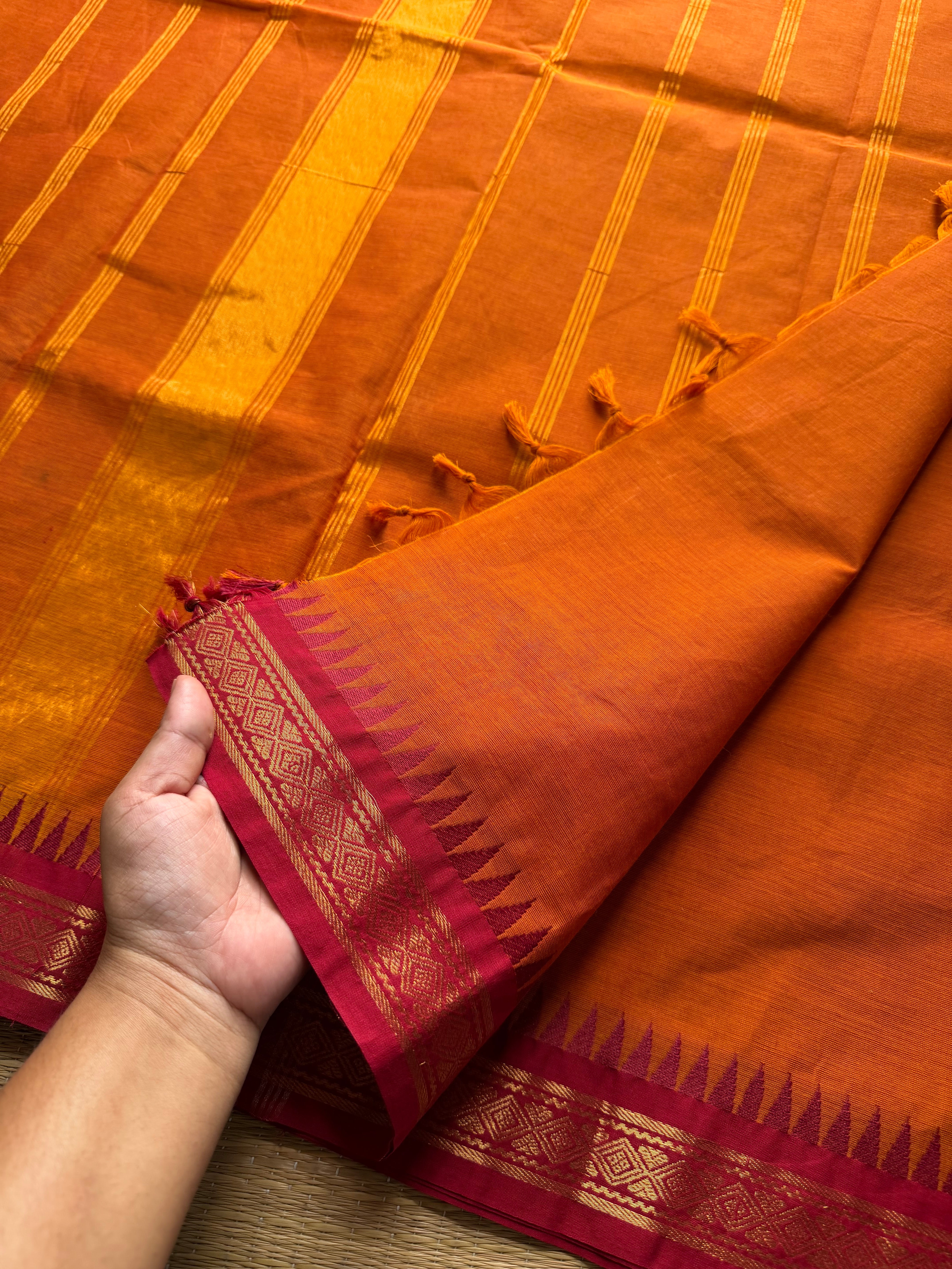 Orange with maroon shade small border Kanchi cotton saree