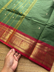 RF608 Green with red combination Kanchi cotton saree with handmade thread buttas