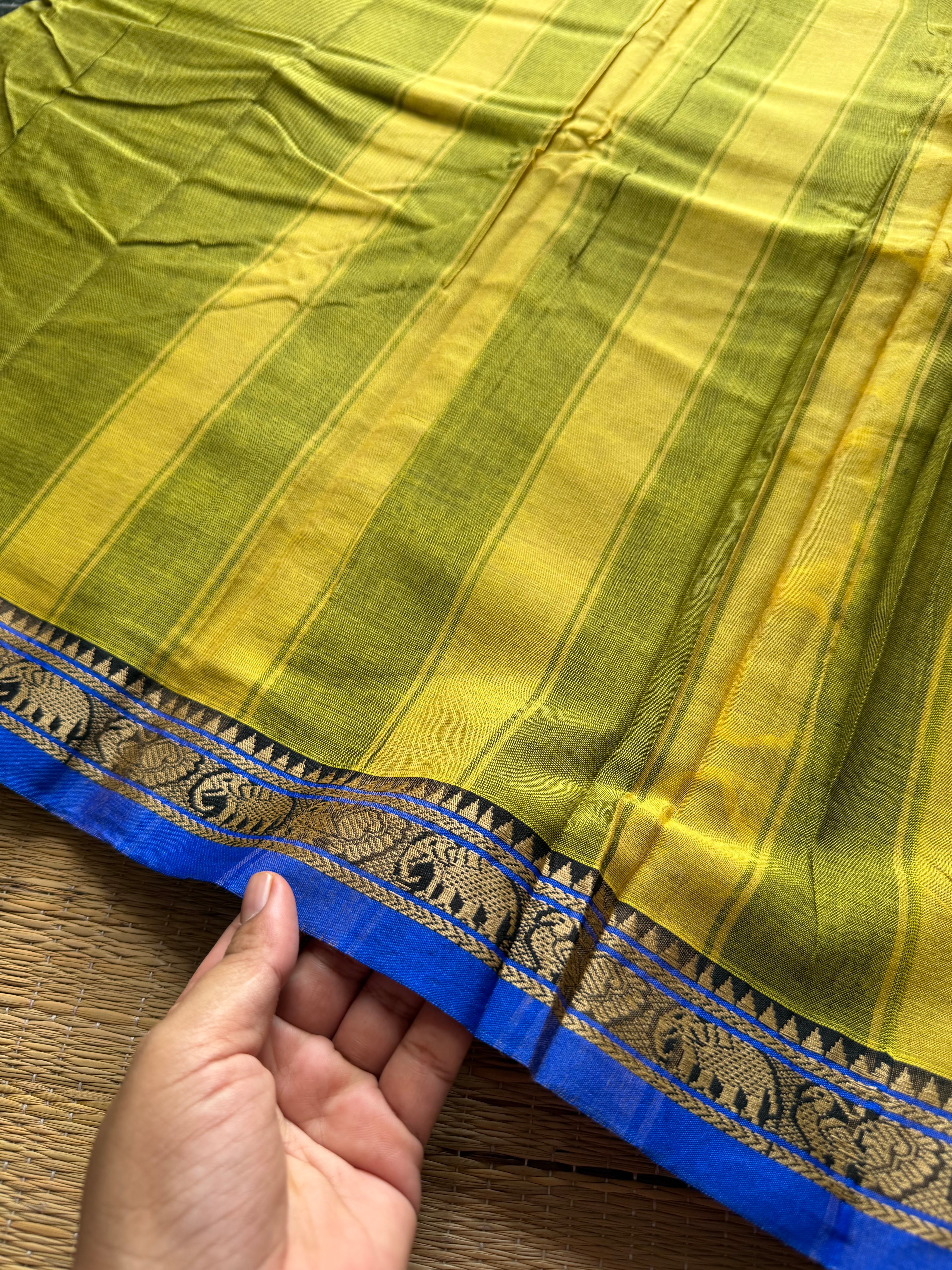 RF316 Green Mercerised Narayanpet Cotton Saree With Small Annam and elephant pattern border