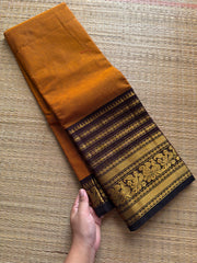 Mustard with brown combination big Zari Varisaipet border Kanchi cotton saree