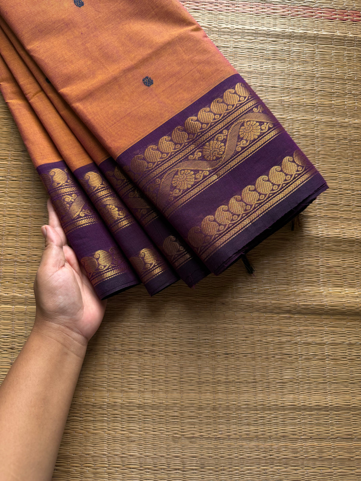 RF1027 Dual tone mango shade with contrast purple border Kanchi cotton saree with handmade thread buttas