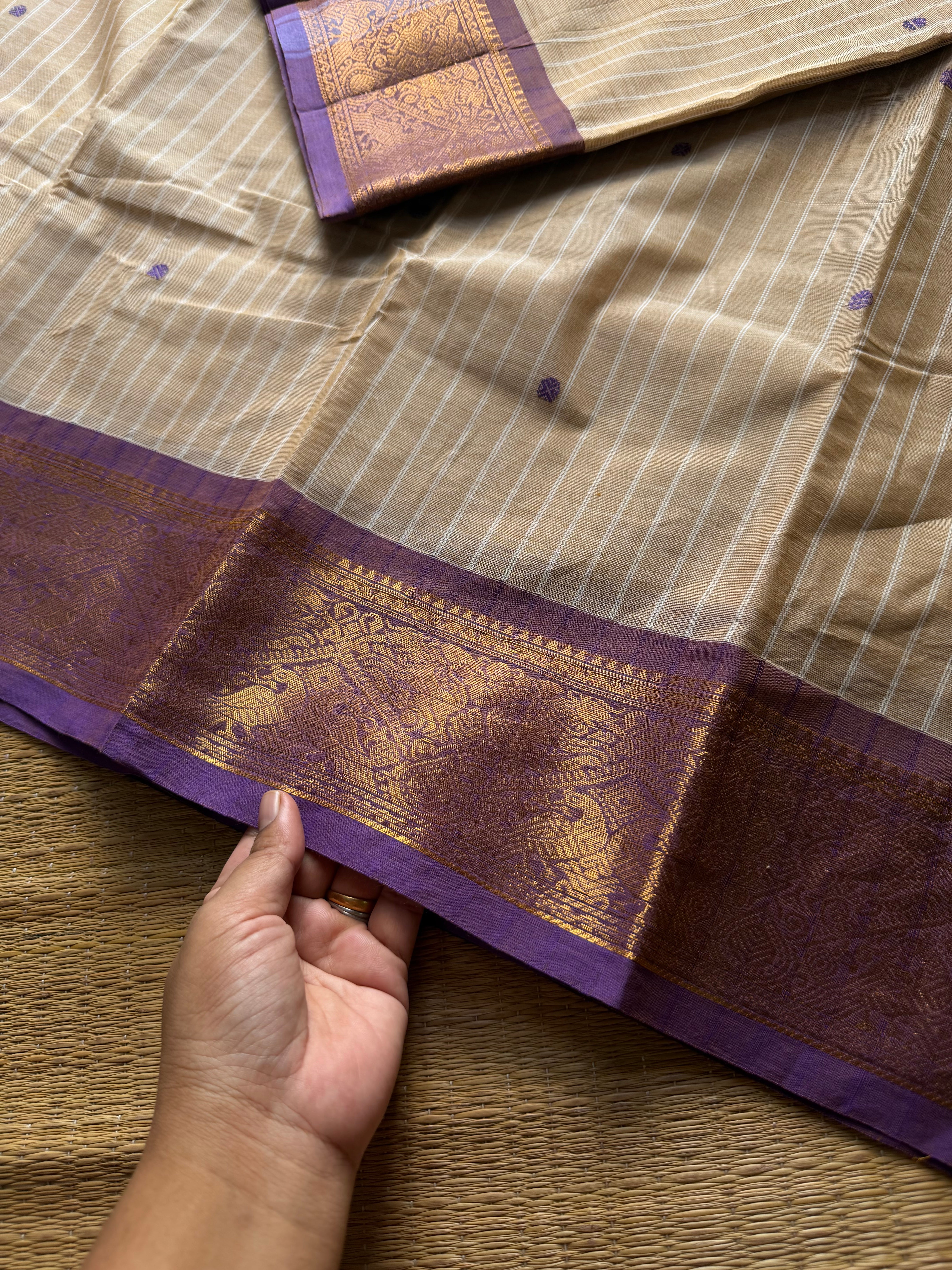 RF1409 Beige with light purple ~ Vanasingaram border Kanchi cotton saree with handmade thread buttas