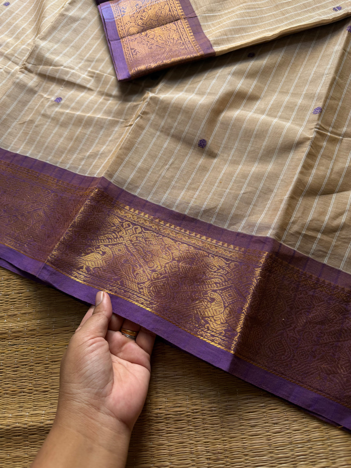 RF1409 Beige with light purple ~ Vanasingaram border Kanchi cotton saree with handmade thread buttas