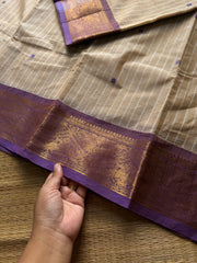 RF1409 Beige with light purple ~ Vanasingaram border Kanchi cotton saree with handmade thread buttas