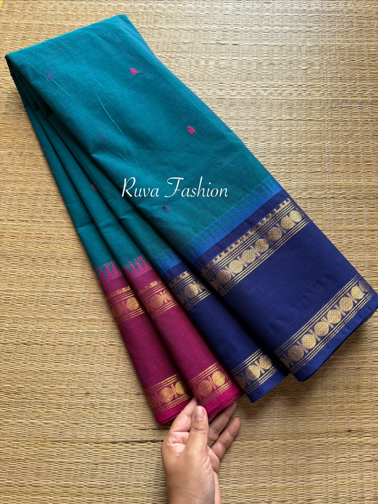 Peacock Blue shade Kanchi cotton Saree With Ganga Jamuna Rettapet border