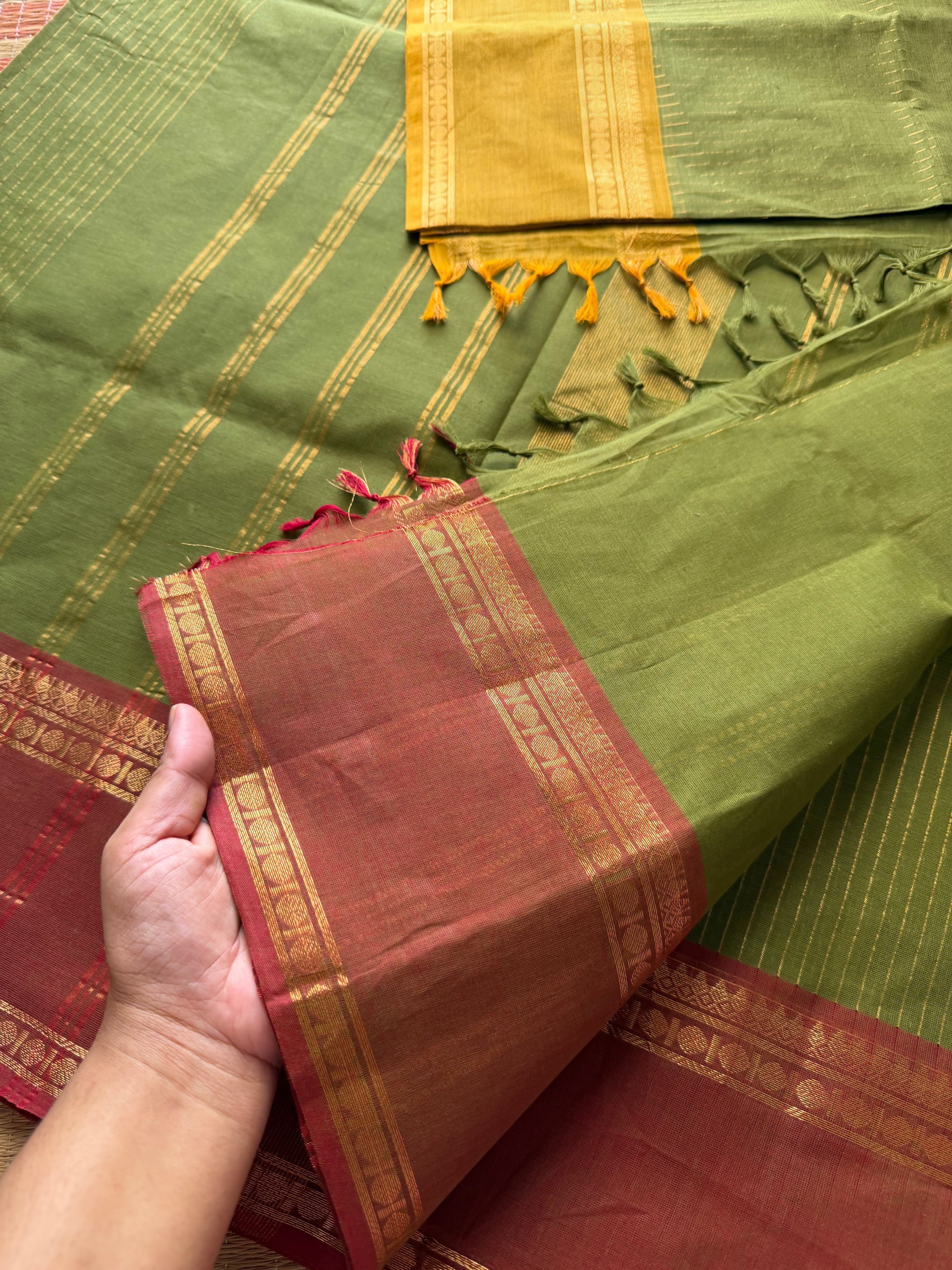 RF625 Pastel Methi Green shade Ganga Jamuna border Kanchi cotton saree with fully golden Vaira Oosi pattern