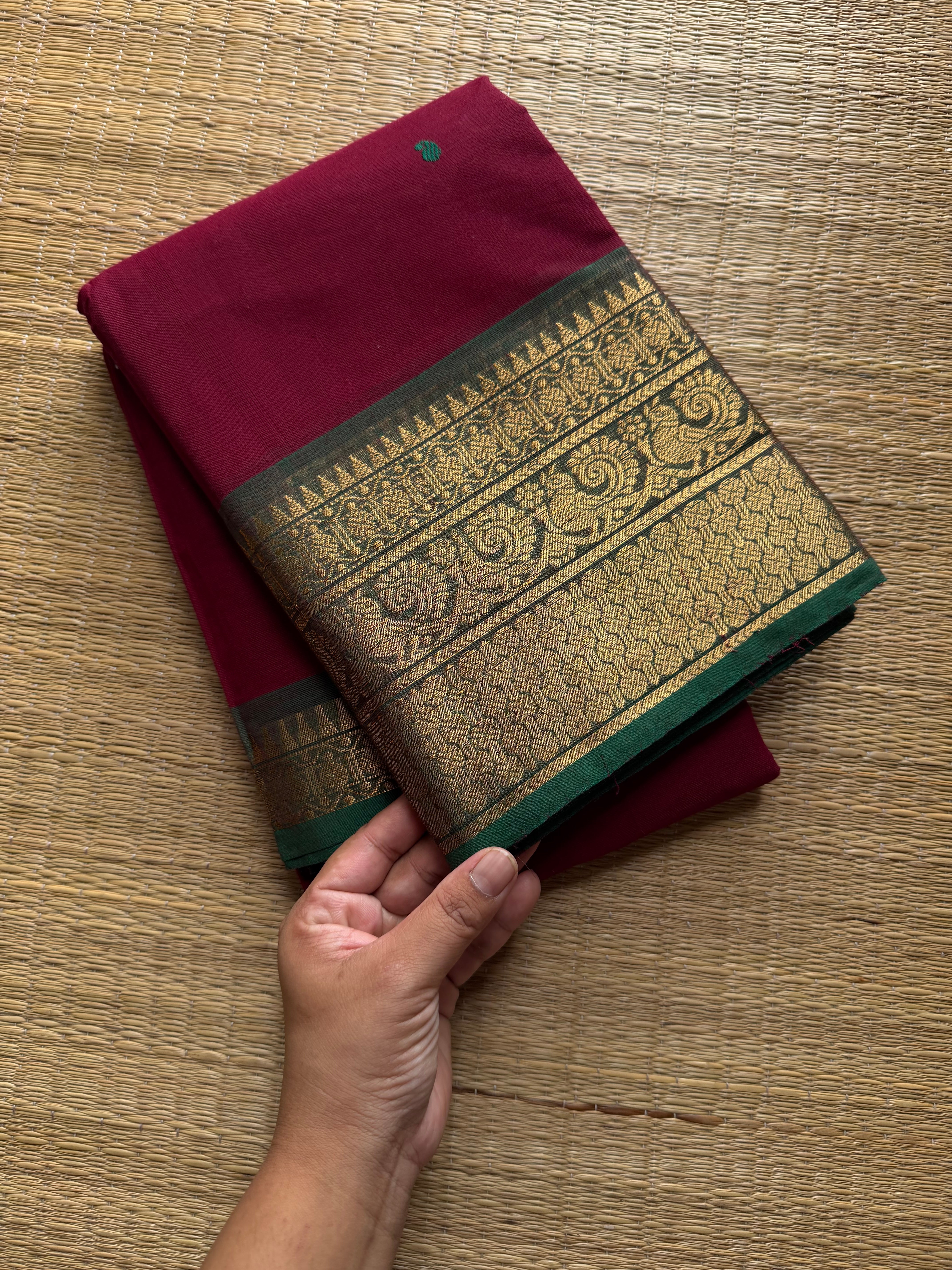 RF548 Maroon with green combination Kanchi cotton saree with handmade thread buttas