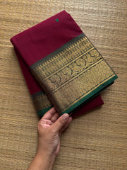 RF548 Maroon with green combination Kanchi cotton saree with handmade thread buttas