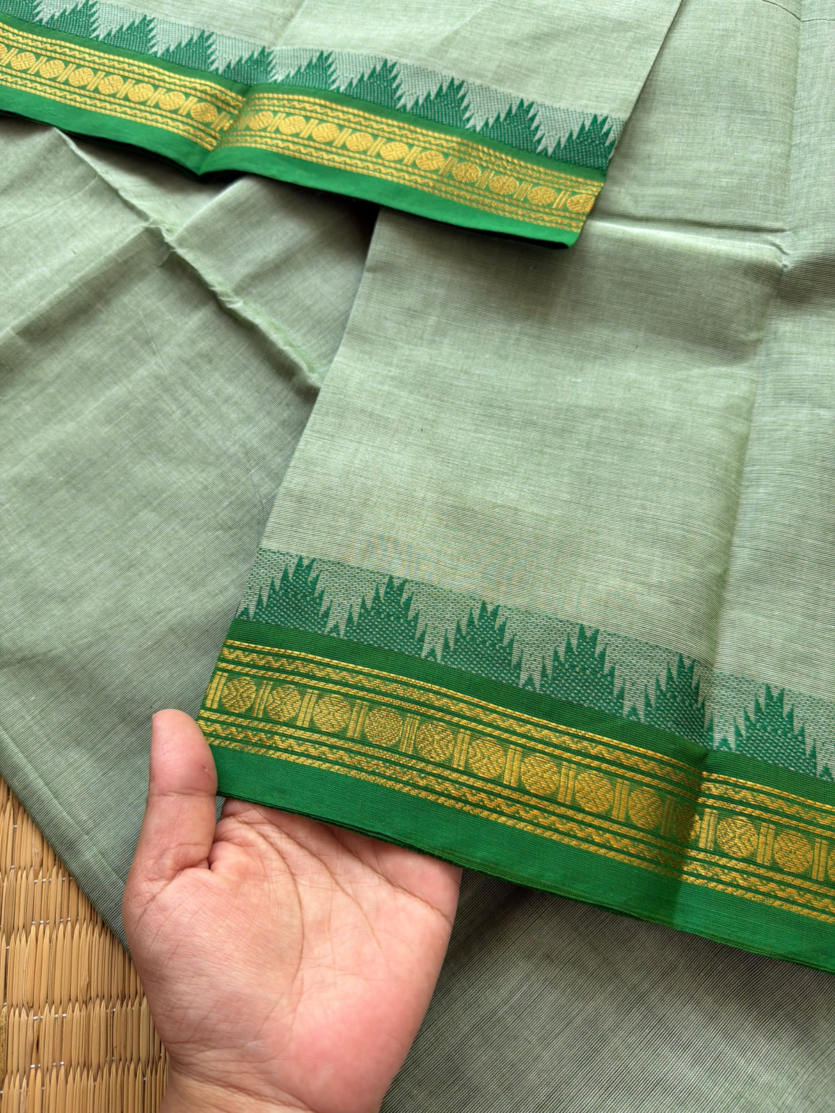 RF172 Pastel green shade Kanchi Cotton Saree With Contrast emerald green shade Small Zari Border
