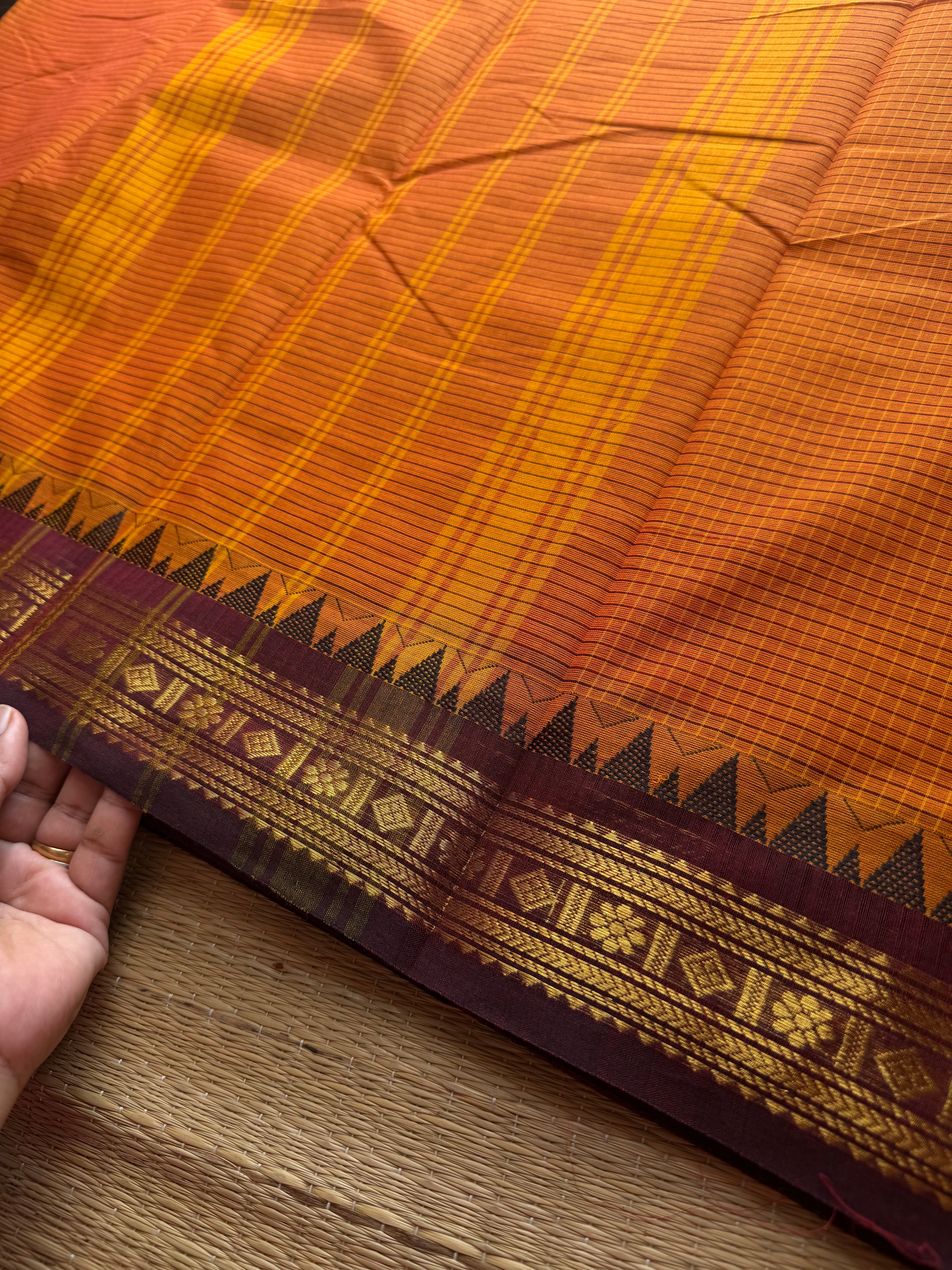 RF560 Orange with maroon Podi Kattam / small checks vintage Kanchi cotton saree