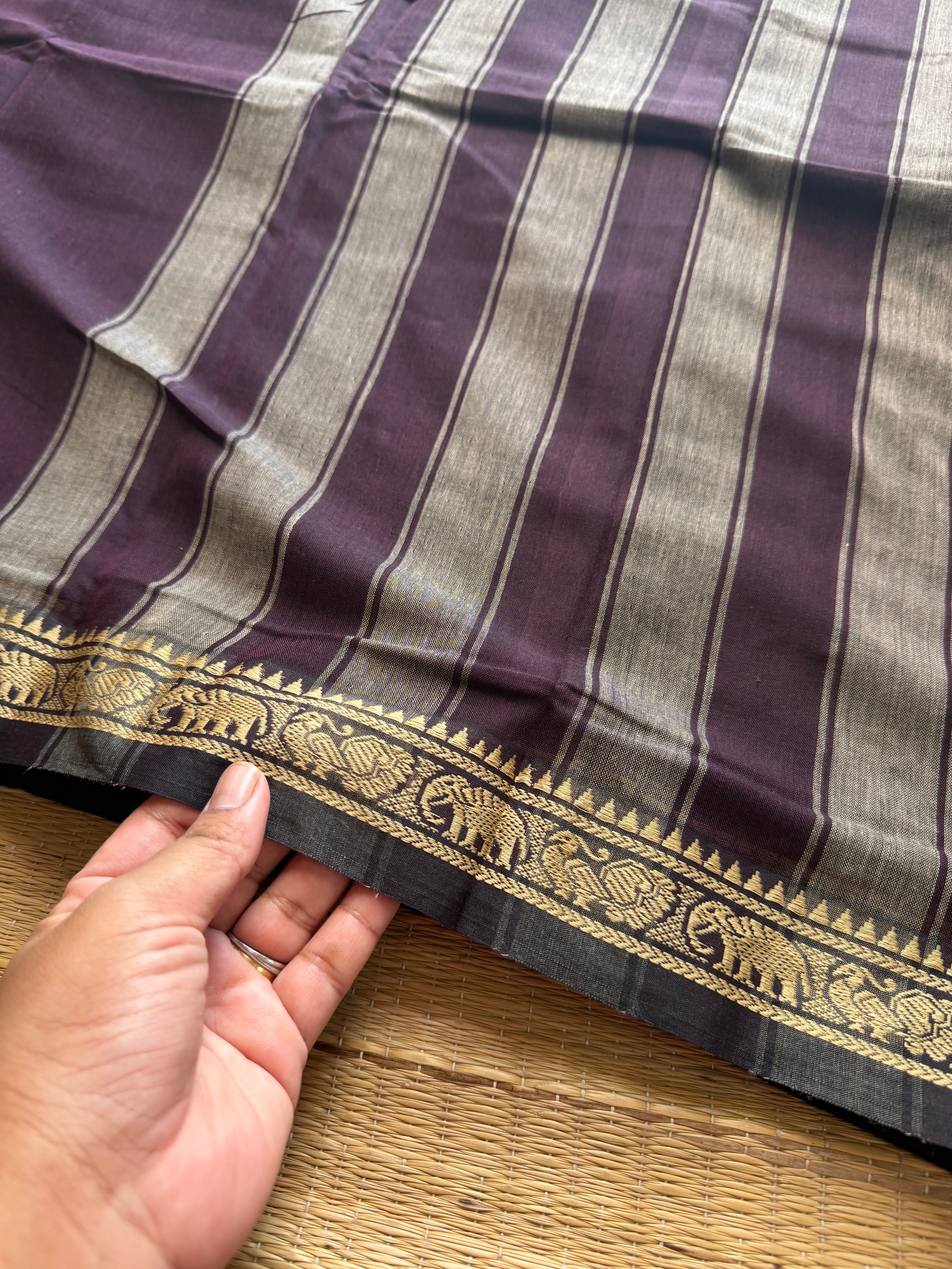 RF672 Brown ~ Mercerised Narayanpet cotton saree with small thread border