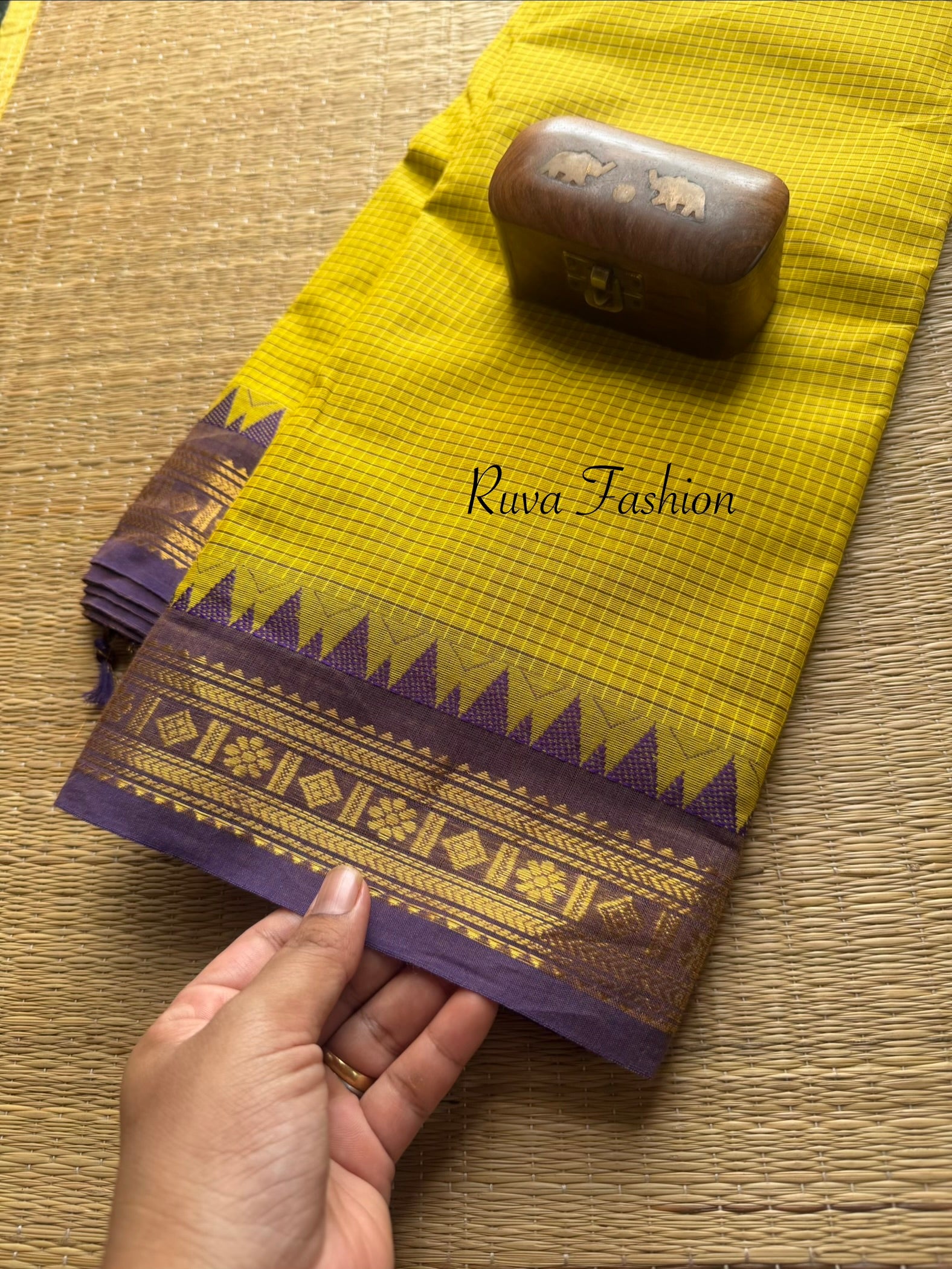 RF108 Mustard Yellow with purple shade combination vintage style Podi Kattam / small checks Kanchi cotton saree